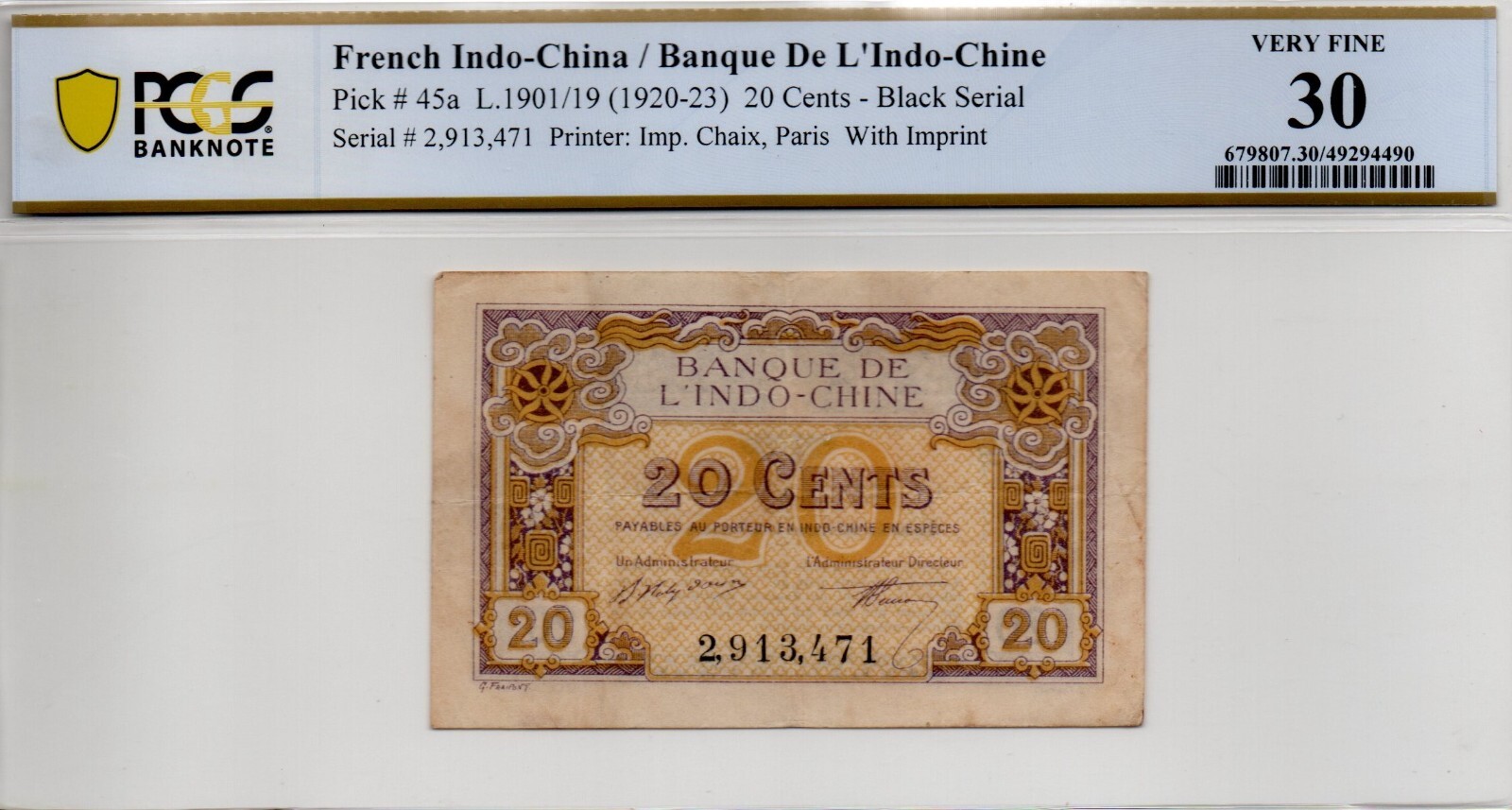 French Indochina 20 Cents 1920 Pick 45a (PCGS 30 VF)