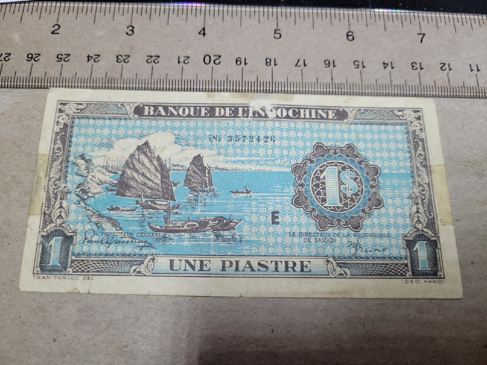 🌏 Vietnam French Indochina 1 Piastre 1947 P-59a P-59 7 digit Banknote 070623-5