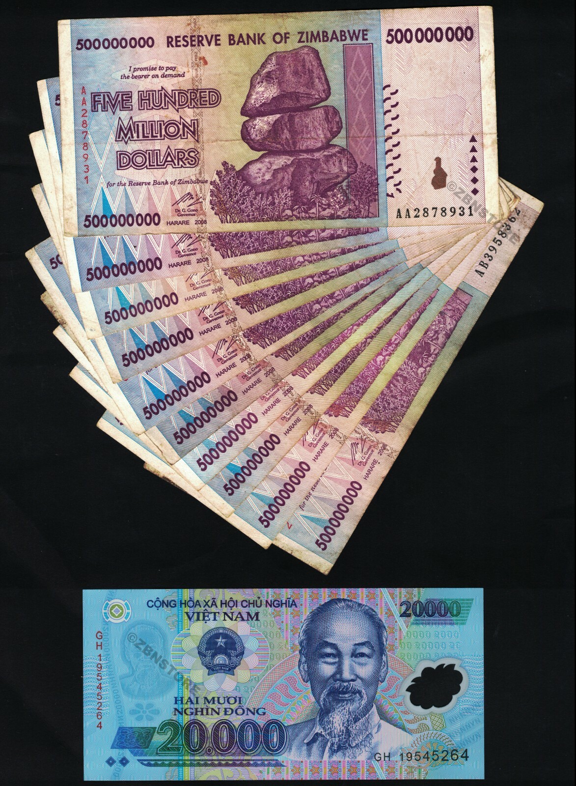 10 x 500 Million Zimbabwe Dollars Banknotes + 1 x 20,000 Vietnam Dong Authentic