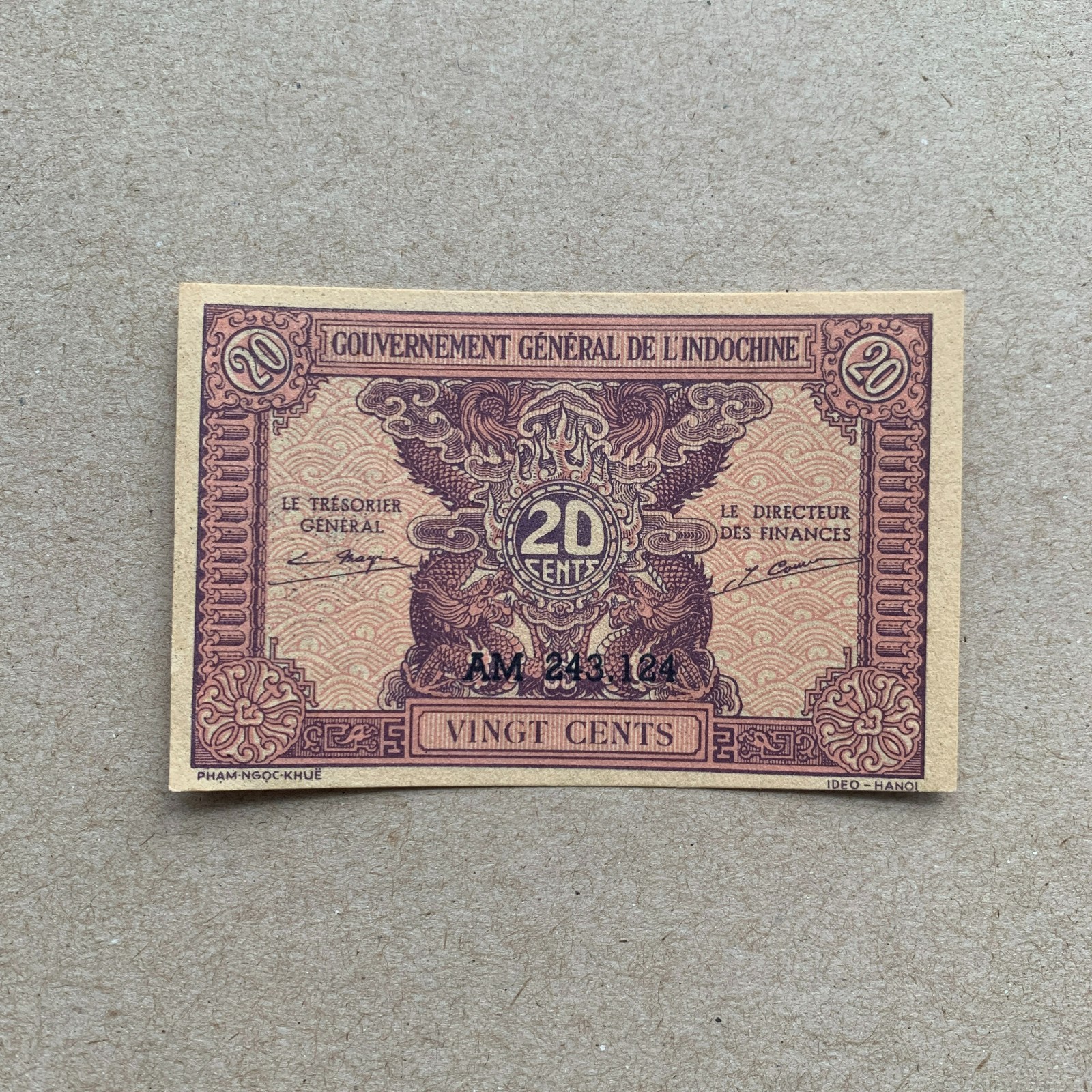 French Indochina 20 Cents Banknote P90 ND 1942 aUNC Post WW2 WWII Currency B999