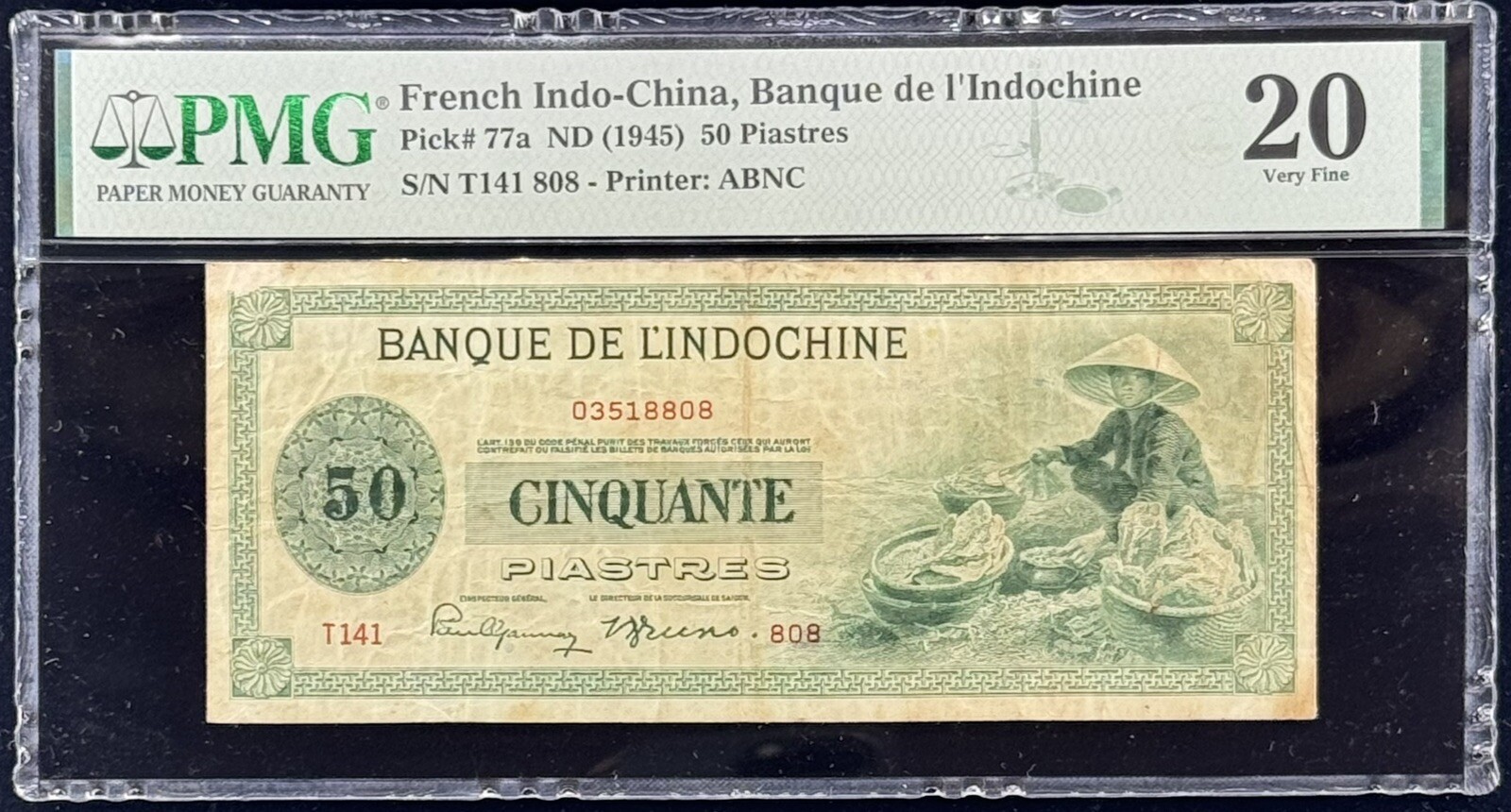 FRENCH INDOCHINA 50 PIASTRES 1945 Pick# 77a PMG: 20 Very Fine. #PL2831