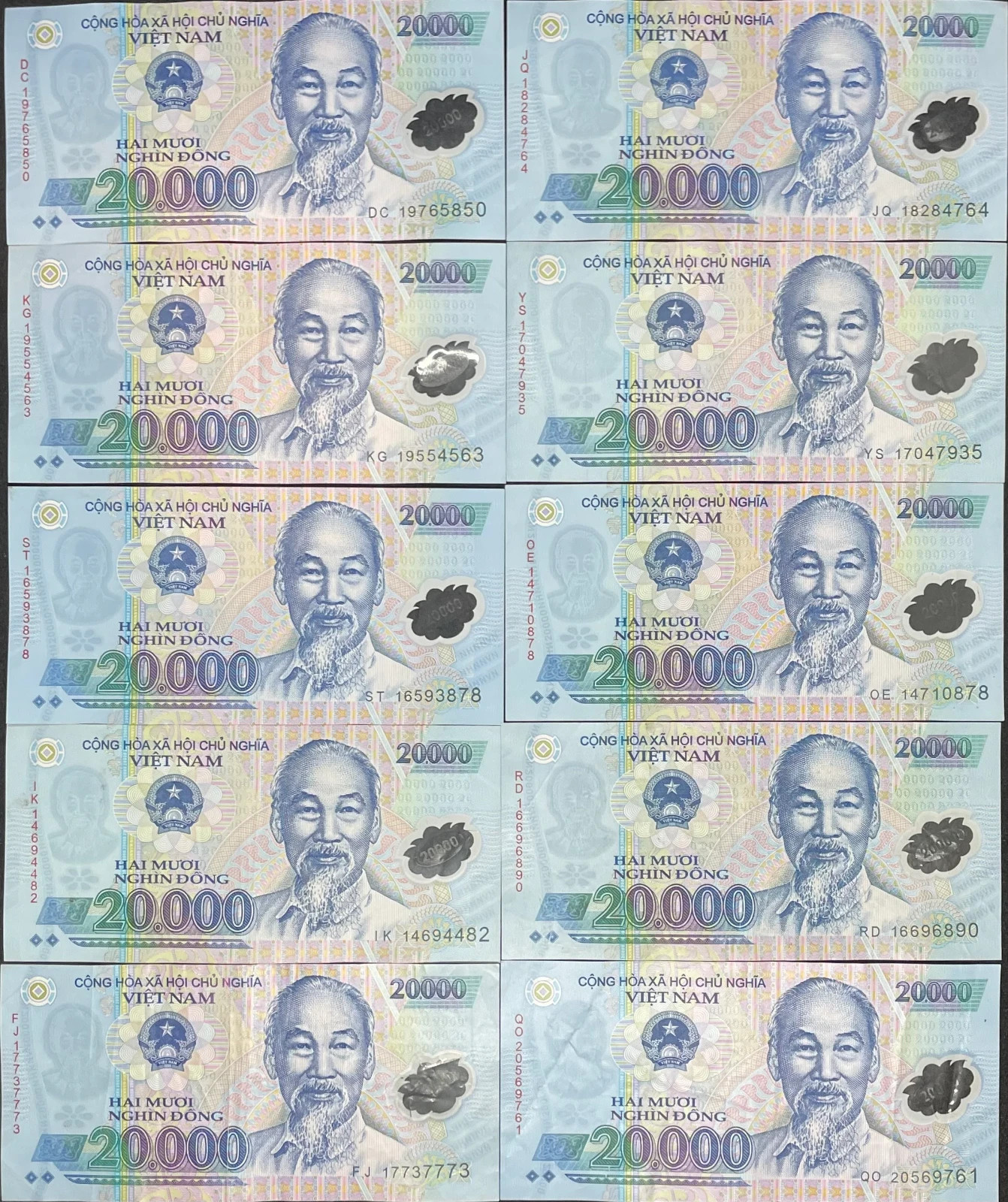 10 x 20,000 Vietnam Dong Uncirculated Banknotes/Currency = 1/5 Million