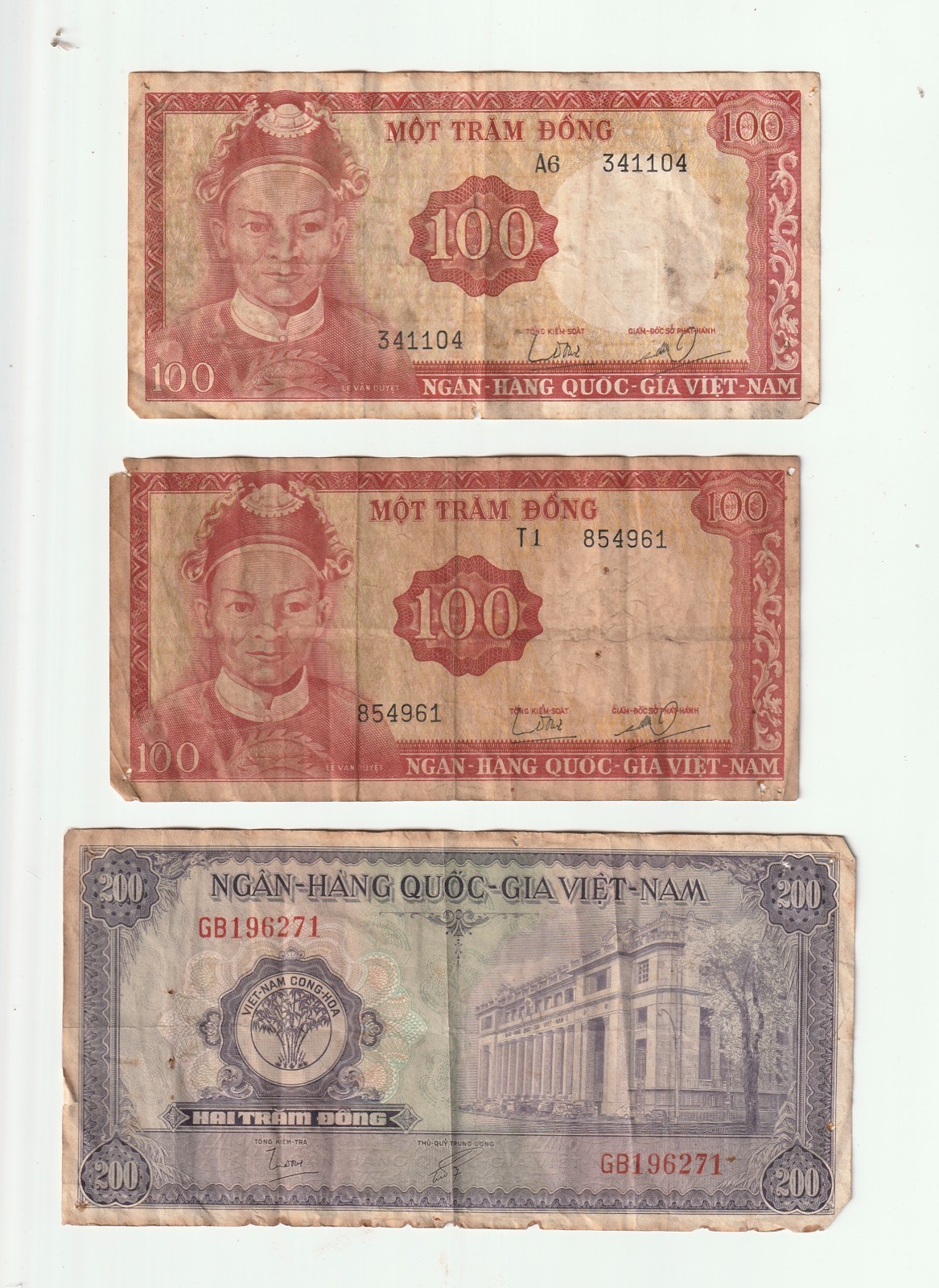Vietnam Banknotes Lot (3) – 100 Đồng x2 + 200 Đồng National Bank of Vietnam