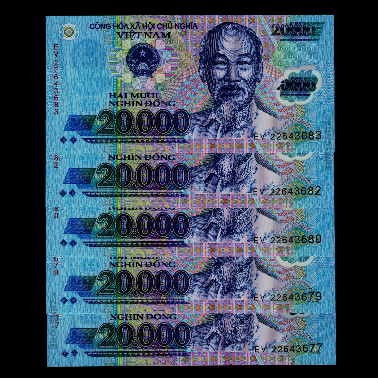 20 Trillion Dollars Zimbabwe AA 2008 + 5 x 20,000 Dong Vietnam Banknotes UNC Set