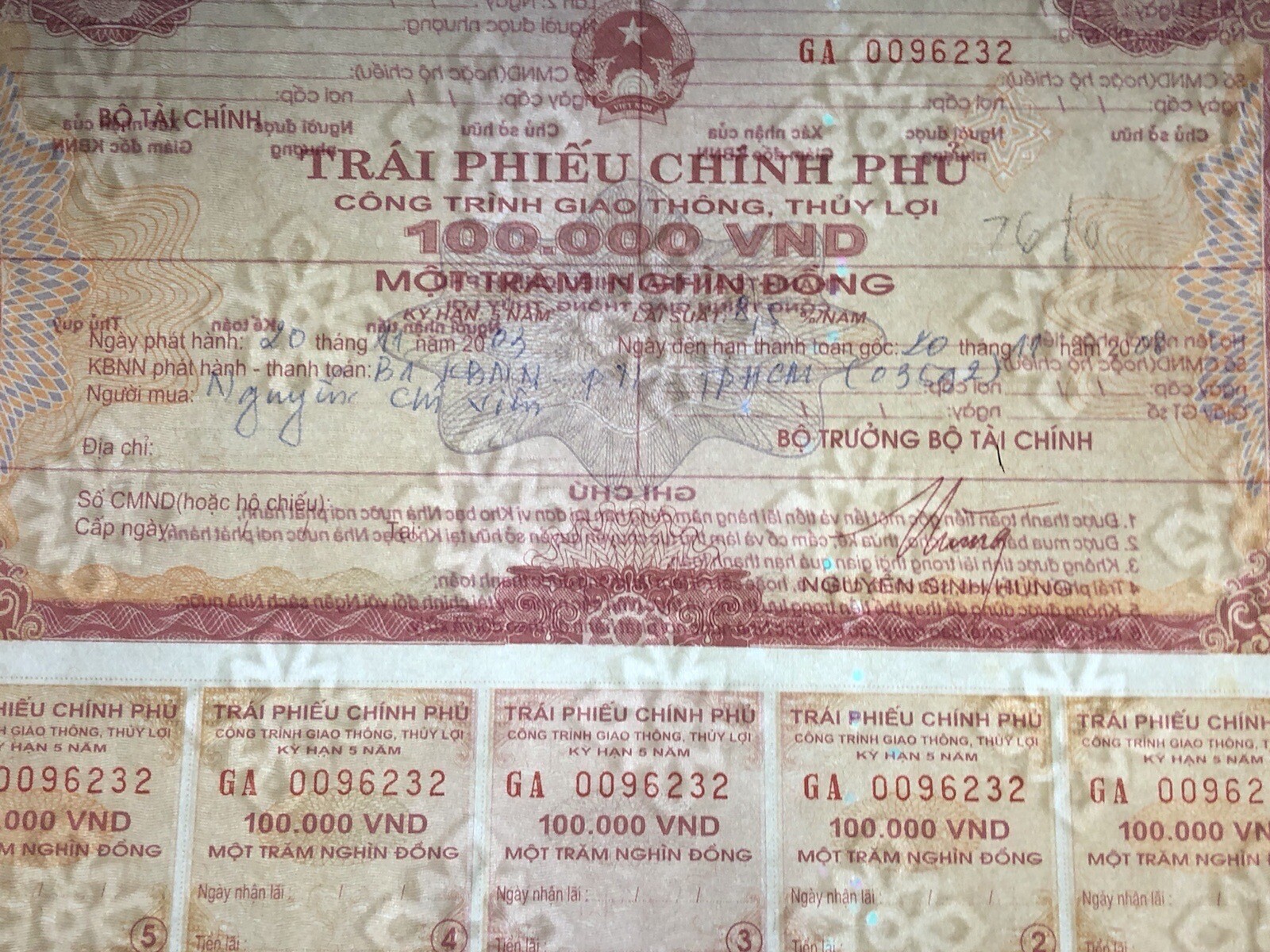 100,000 Dong Payment Bond Cheque Unpaid 2003 Original Vintage Rare_LDP Shop.