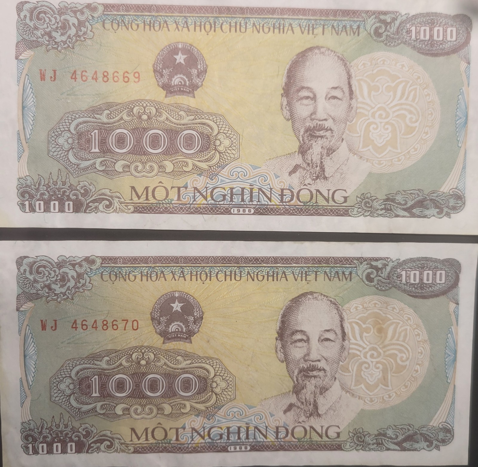 Vietnam – 1988, 1000 Dong Banknotes (Lot Of 2) Sequential Serial Numbers.