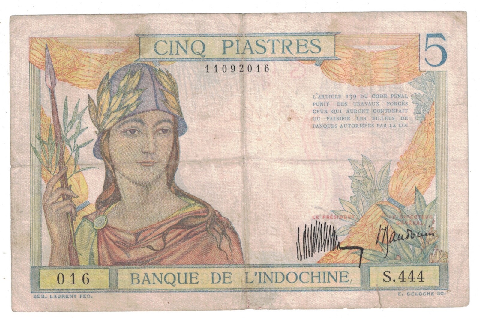 French Indochina 5 Piastres 1932 Pick# 55a F-VF. #PL2270