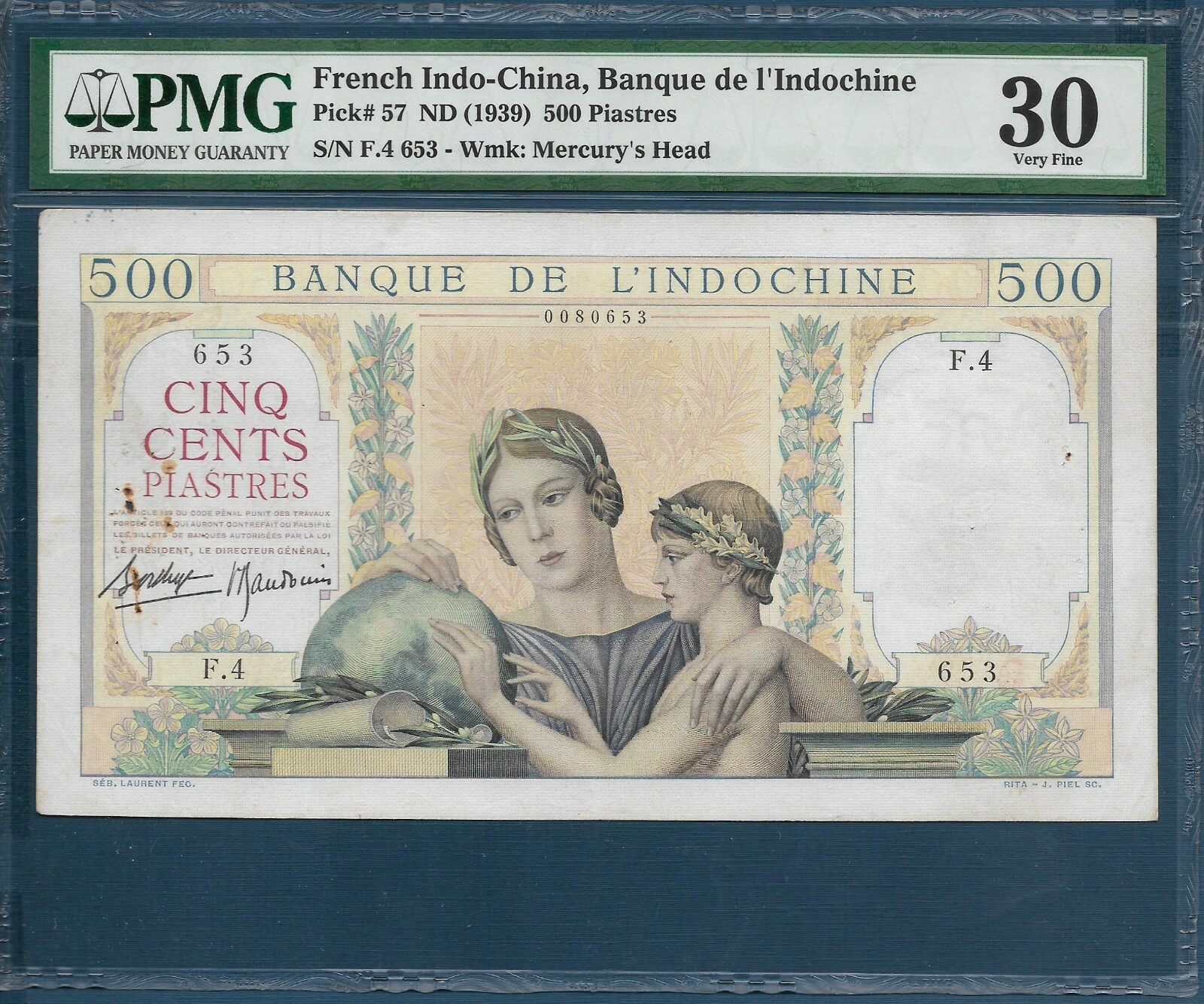 French Indochina Vietnam 500 Piastres, 1939, P 57, PMG VF 30