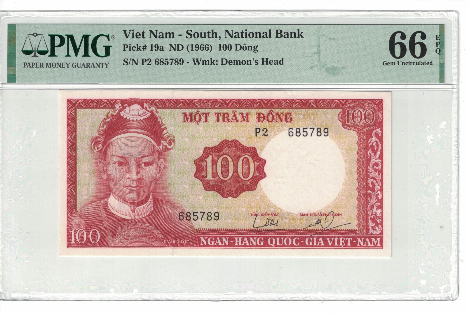 VietNam South 100 Dong 1966 Pick# 19a PMG: 66 EPQ GEM UNC. #PL1919