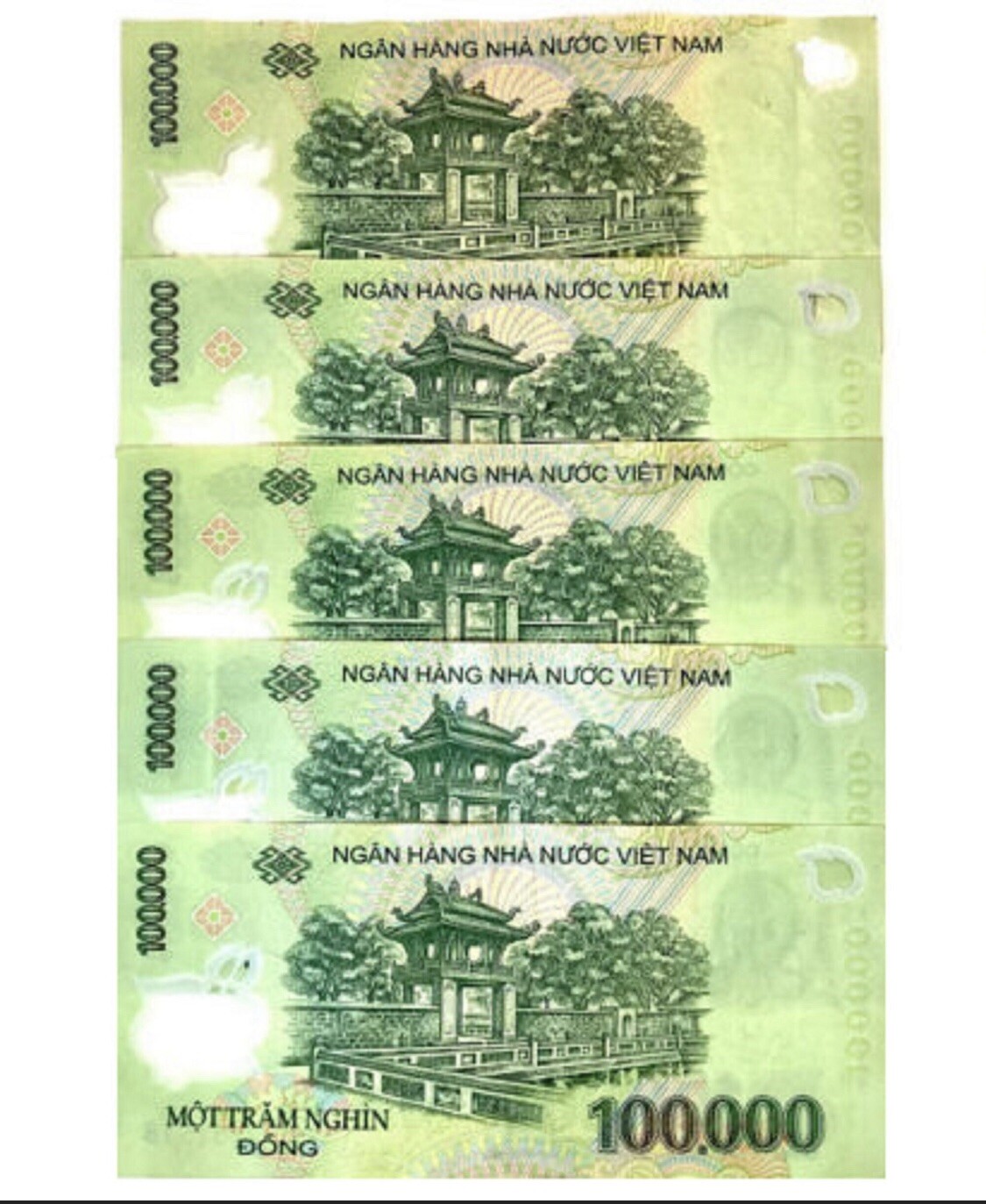 5 pcs x 100,000 Vietnamese Dong CIR Polymer Banknotes