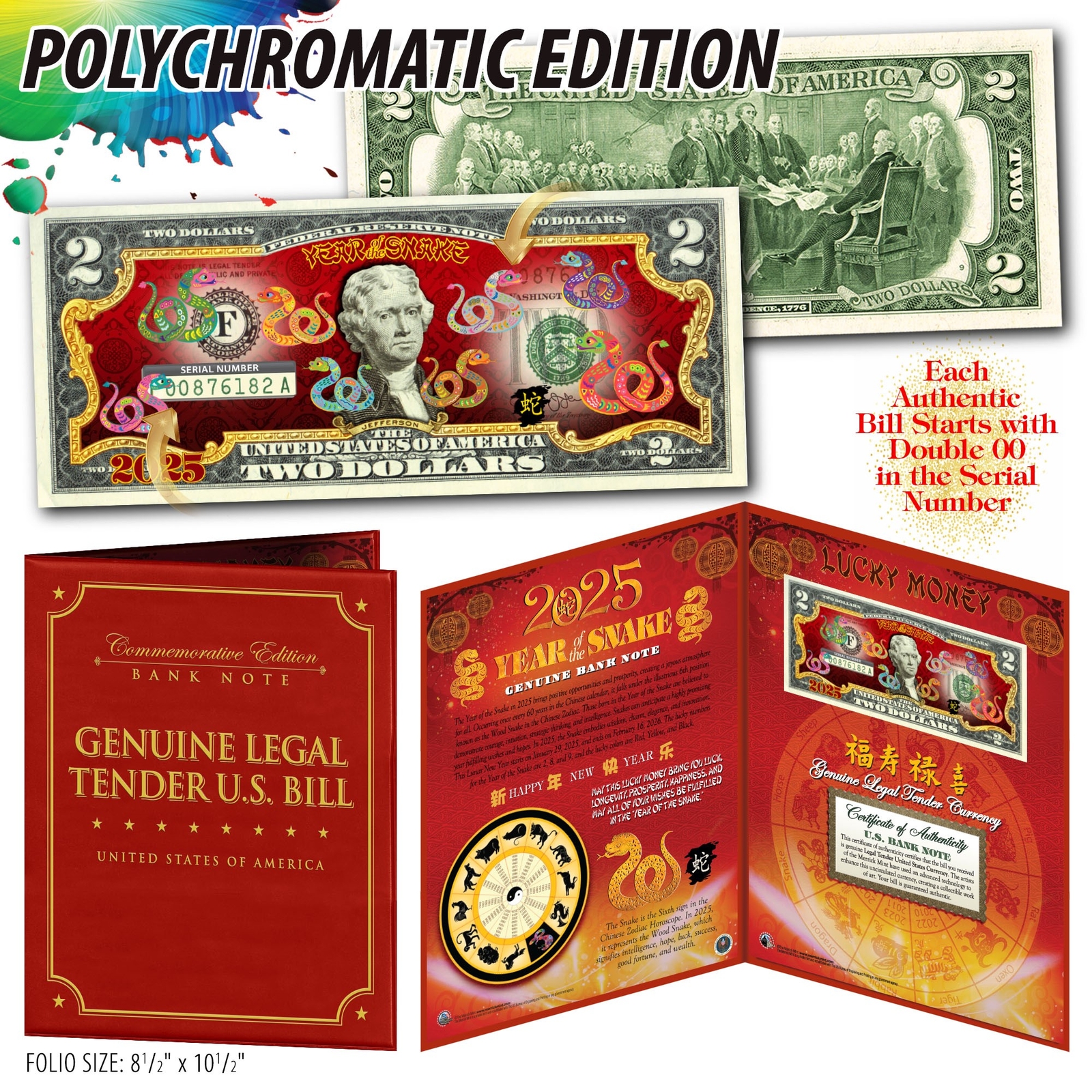 2025 CNY Lunar Chinese New YEAR OF SNAKE Polychromatic 8 SNAKES $2 Bill 8X10