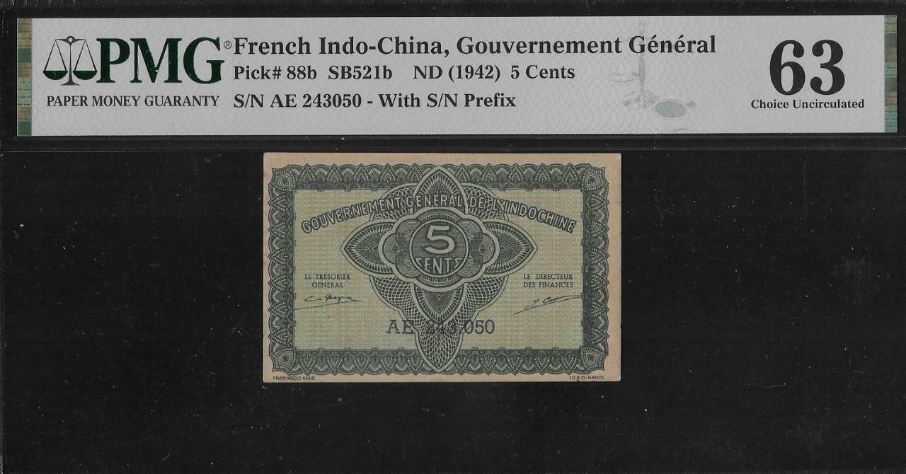 French Indochina P-88b 5 Cents 1942 PMG 63 Minor Stain
