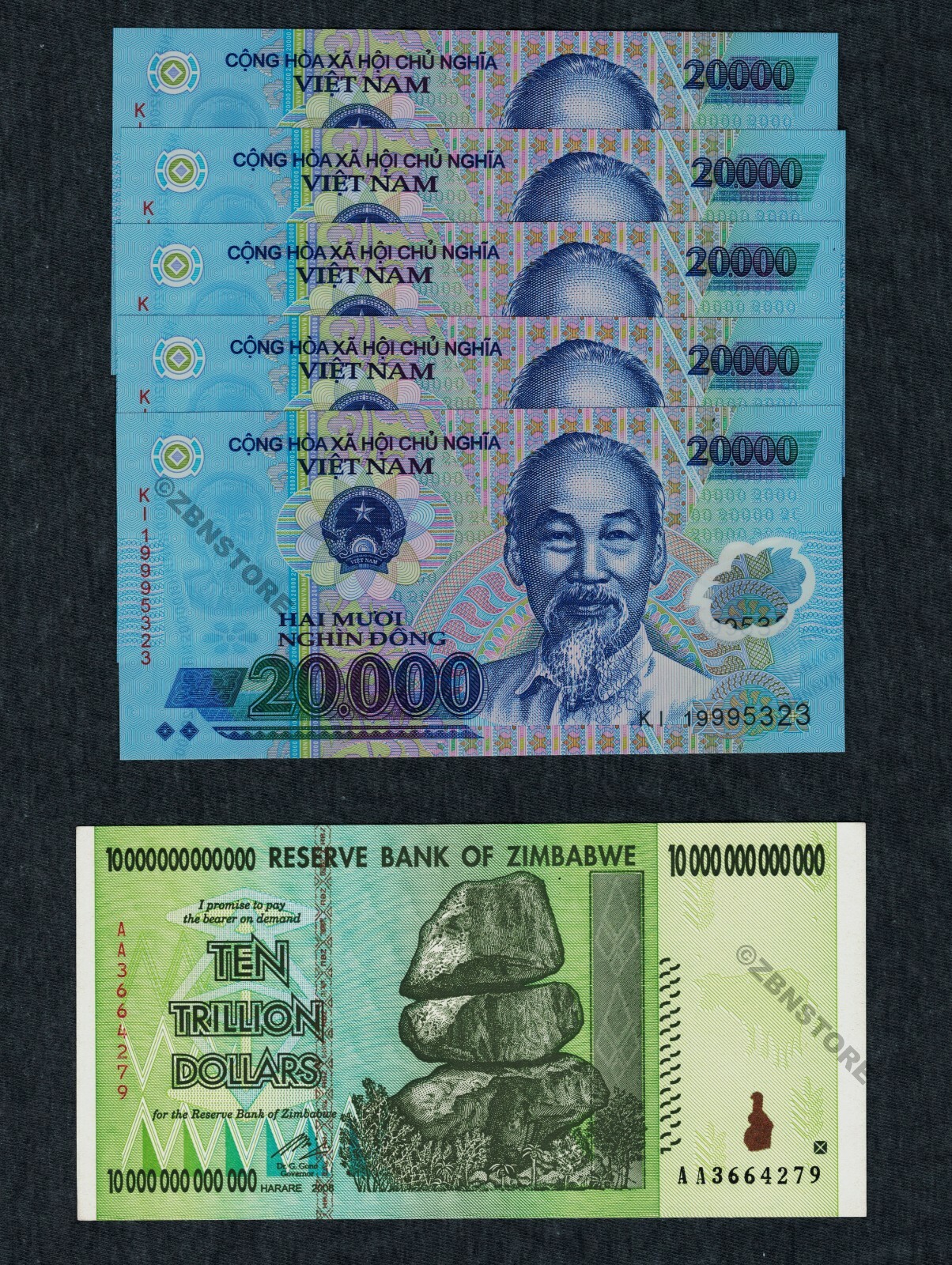 10 Trillion Dollars Zimbabwe + 5 x 20,000 Dong Vietnam Banknotes Uncirculated