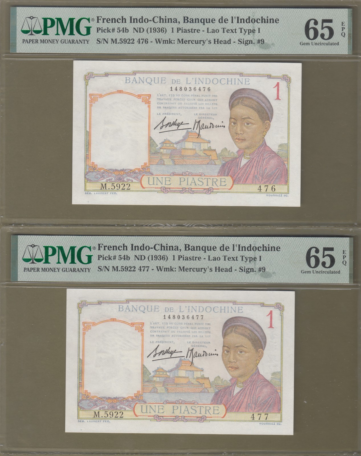 French Indochina/Vietnam 1936 PMG Certified 1 Piastre Consecutive Gem Pair P#54b