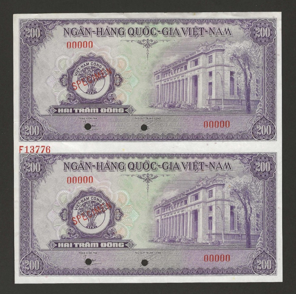 SOUTH VIETNAM 200 Dong 1958, P-9s UNCUT PAIR SPECIMEN, Original AU-a/UNC, Rare.