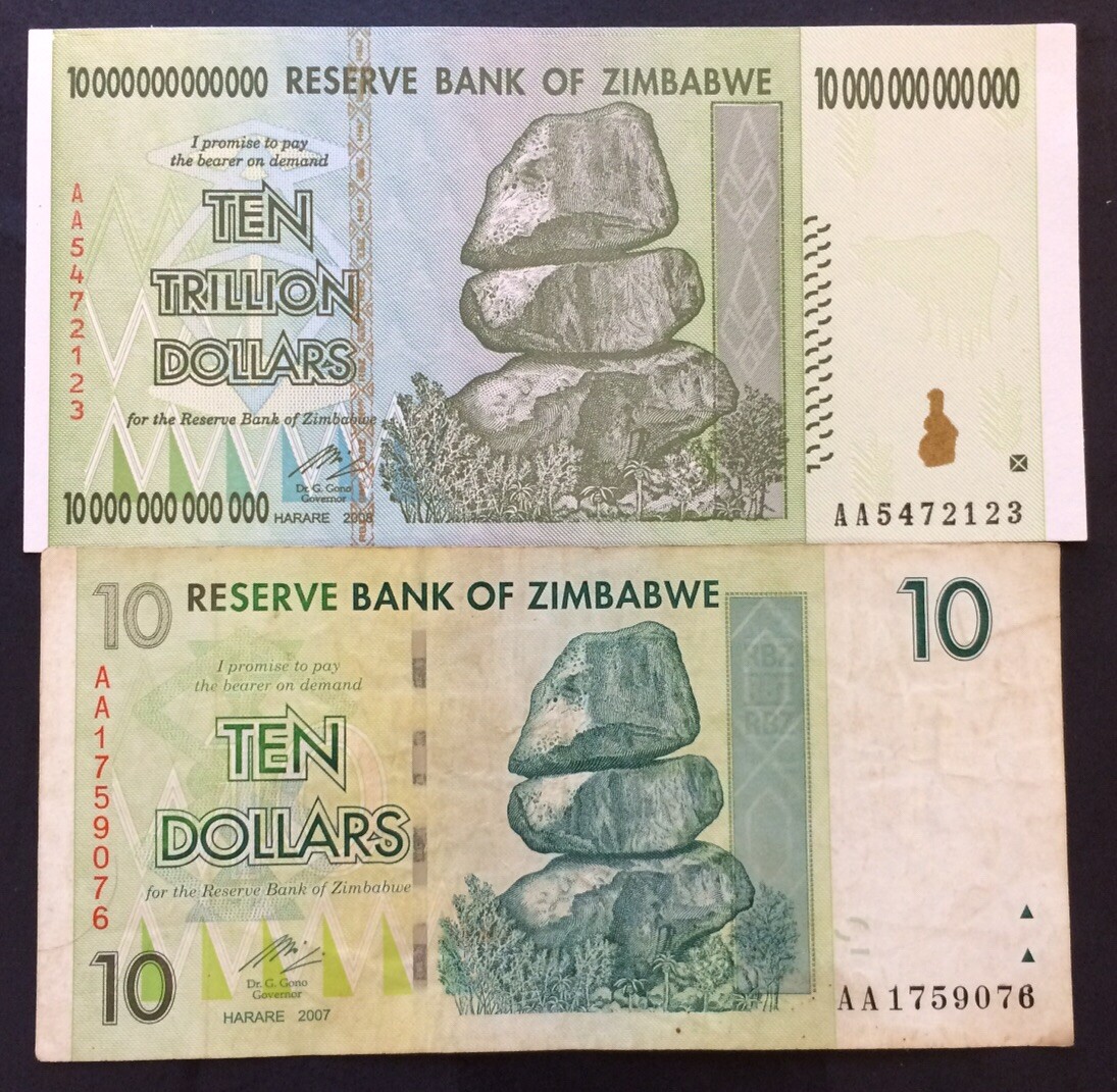 10 Trillion Zimbabwe UNC 2008 Banknote + 10 Dollar Zimbabwe CIR 2007 Banknote