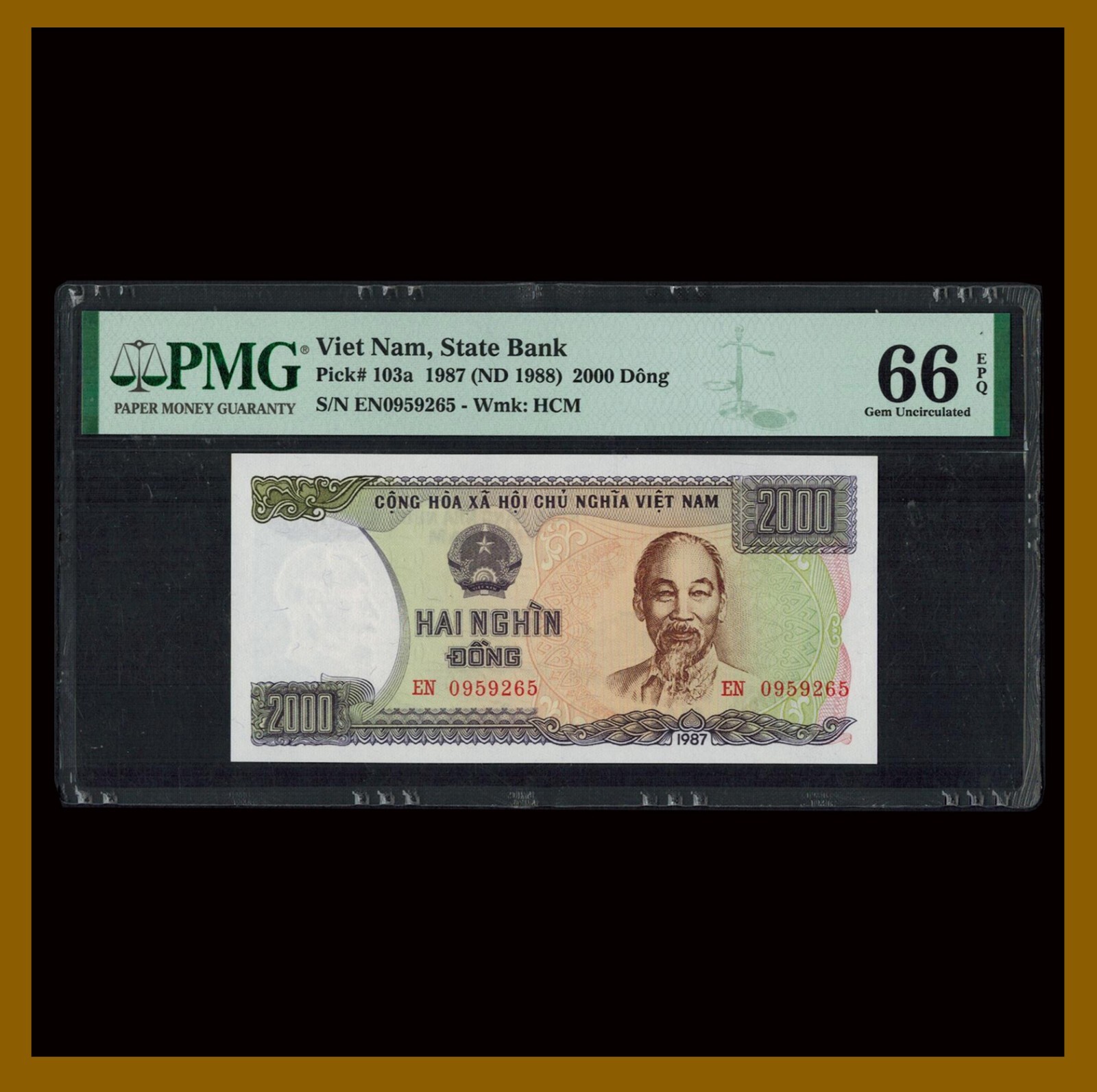 Vietnam 2000 (2,000) Dong, 1987 (1988) P-103a Banknote PMG 66 EPQ