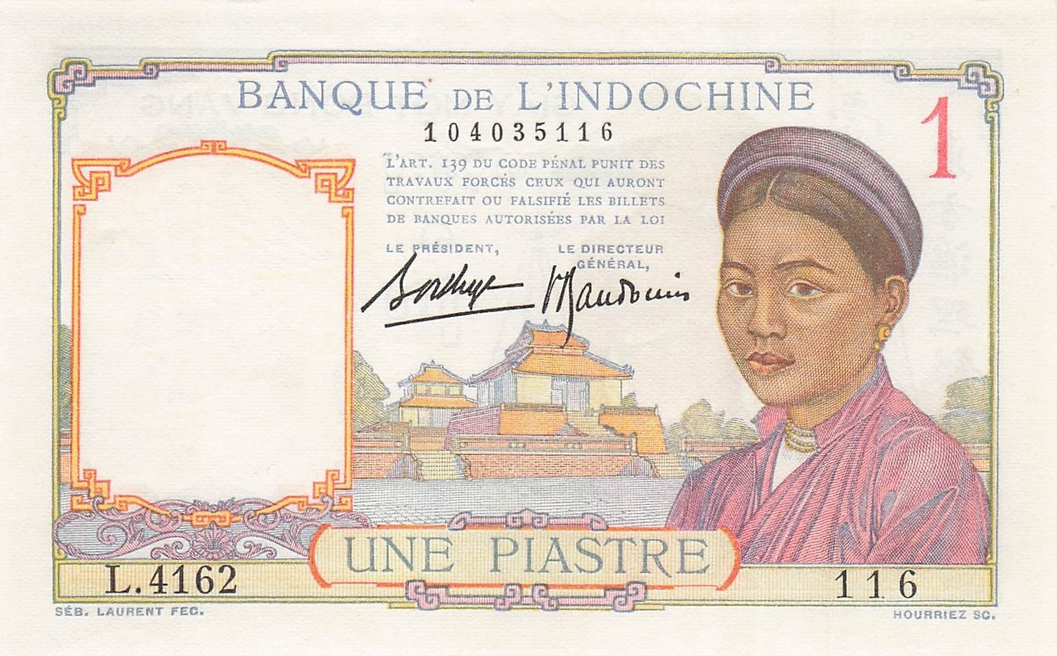 French Indo China 1 Piastre P 54b ND. 1936 Series L Uncirculated Banknote G 39