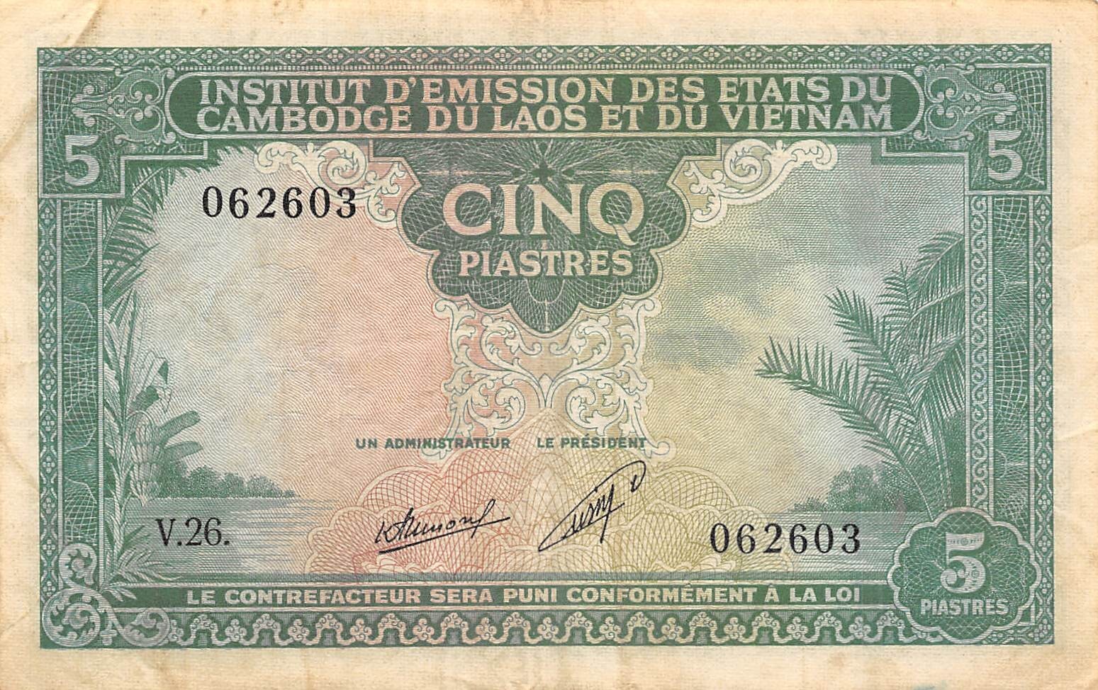 French I. C. 5 Piastres ND. 1953 P 101 Series V Circulated Banknotes TX11