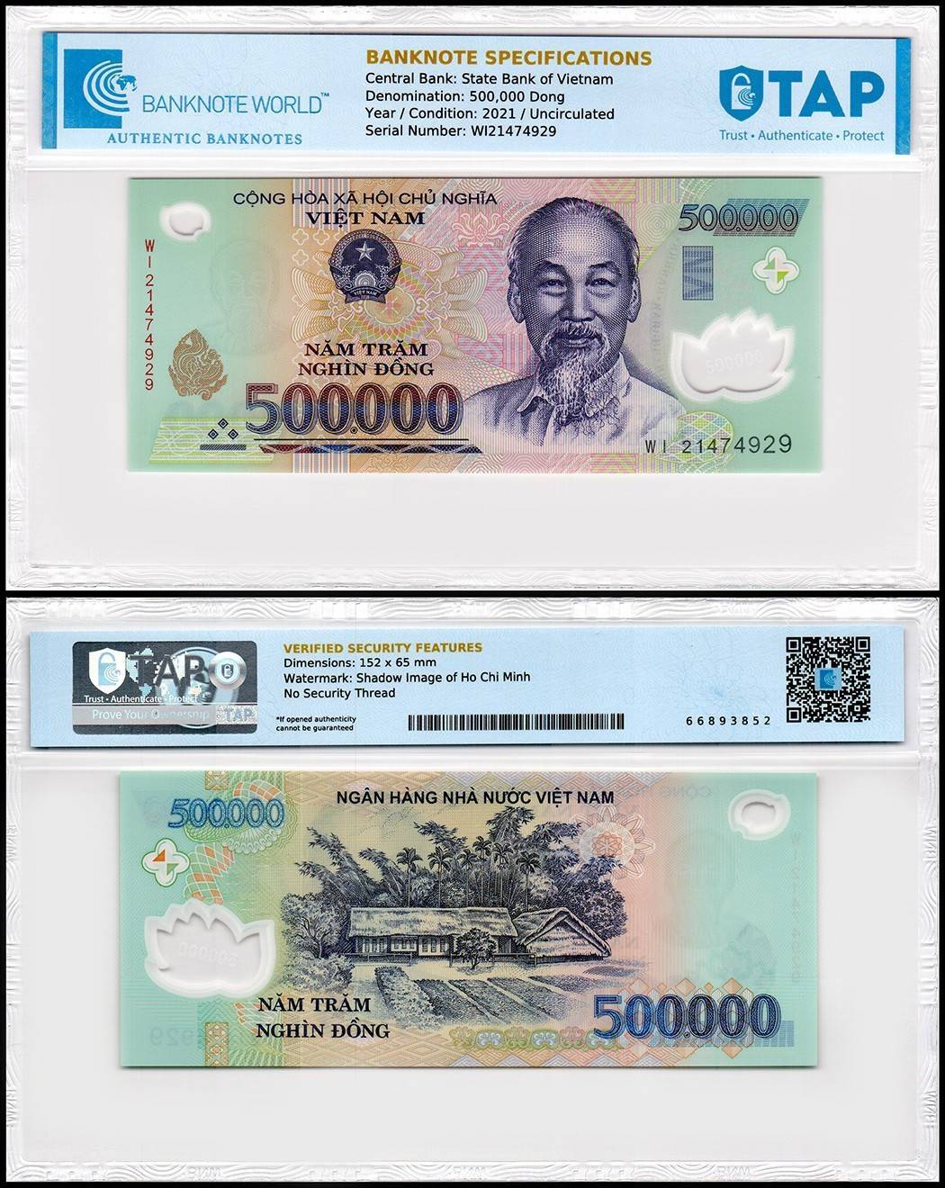 Vietnam 500000 Dong, 2021, P-124q, UNC, Polymer, Authenticated Banknote