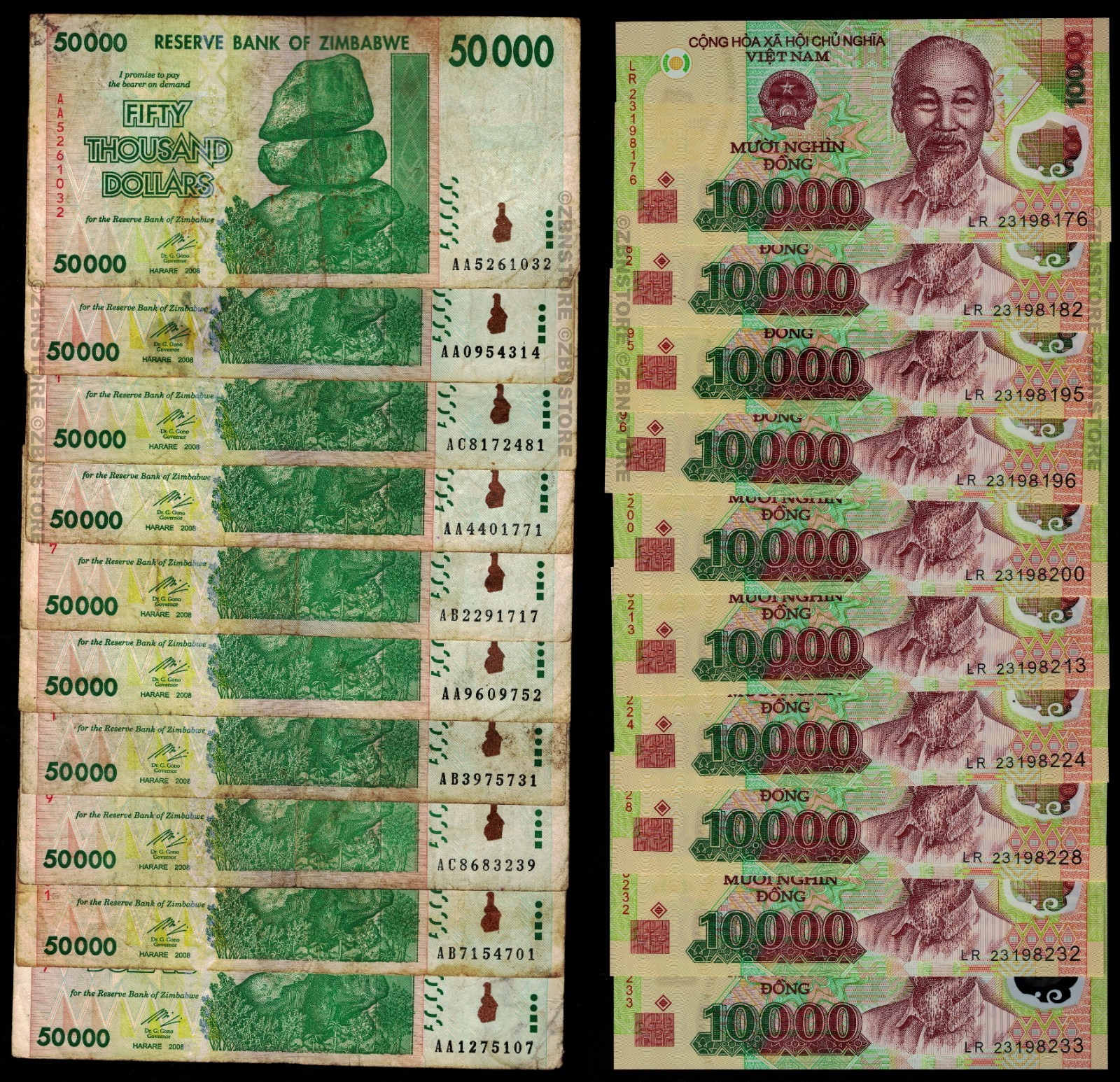 10 x 50,000 Zimbabwe Dollars + 10 x 10,000 Vietnam Dong Banknotes Authentic COA