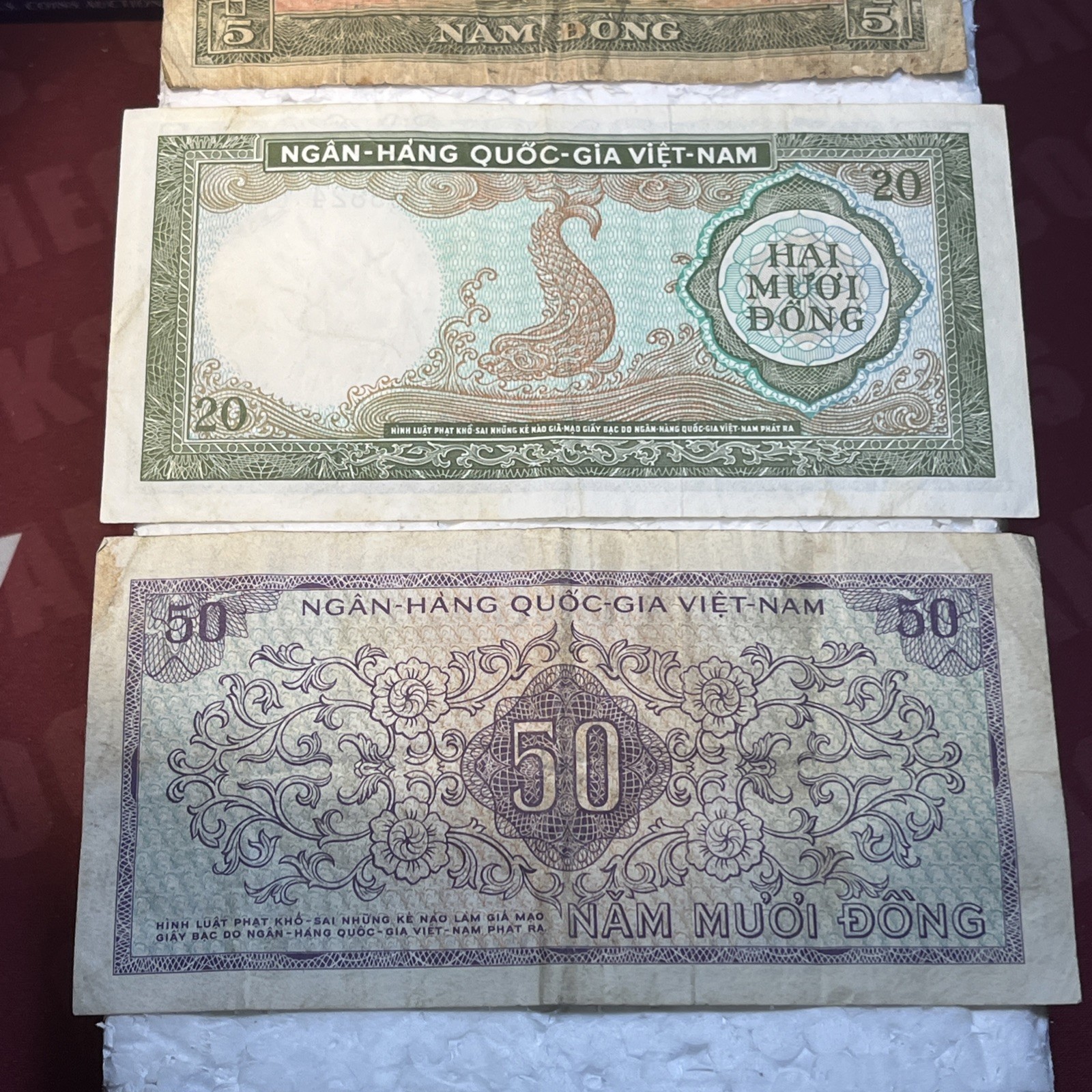 1956 – 1966 Vietnam 5, 20 & 50 Dong Circulated Paper Banknotes Lot Of 3