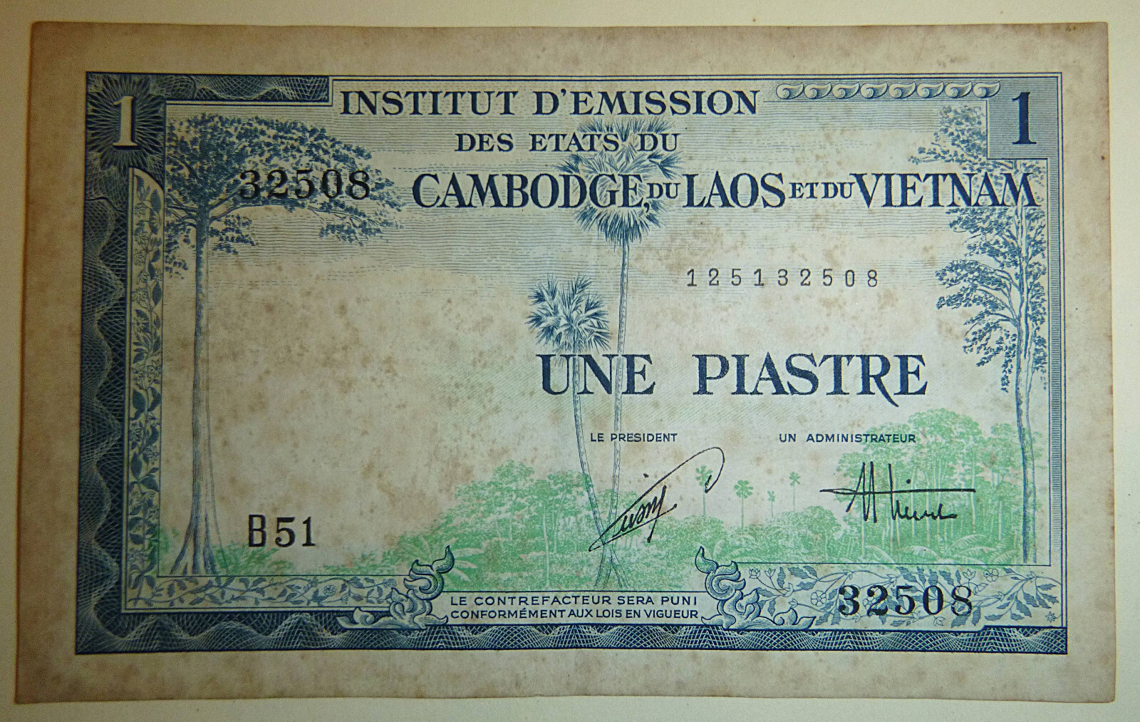 BANK NOTE – 1953 – ONE PIASTRE – LAOS – CAMBODIA – French Vietnam War – C.398
