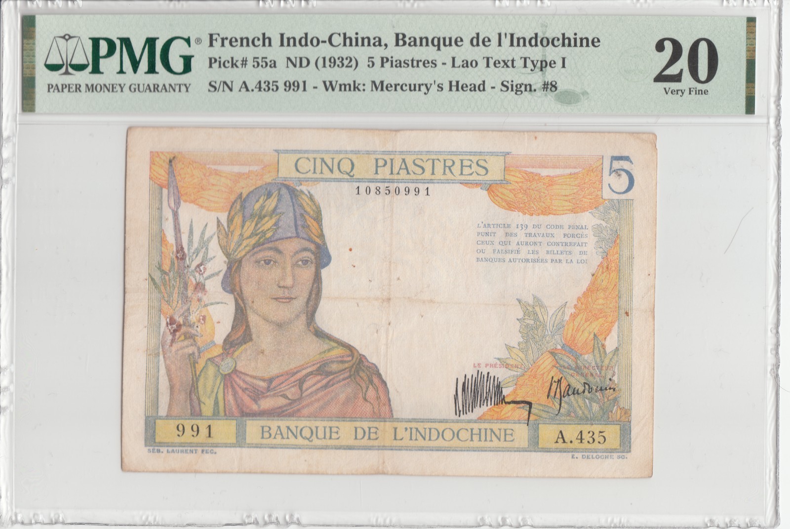 French Indochina/Vietnam 1932 PMG Certified 5 Piastre Very Fine Banknotes P# 55a