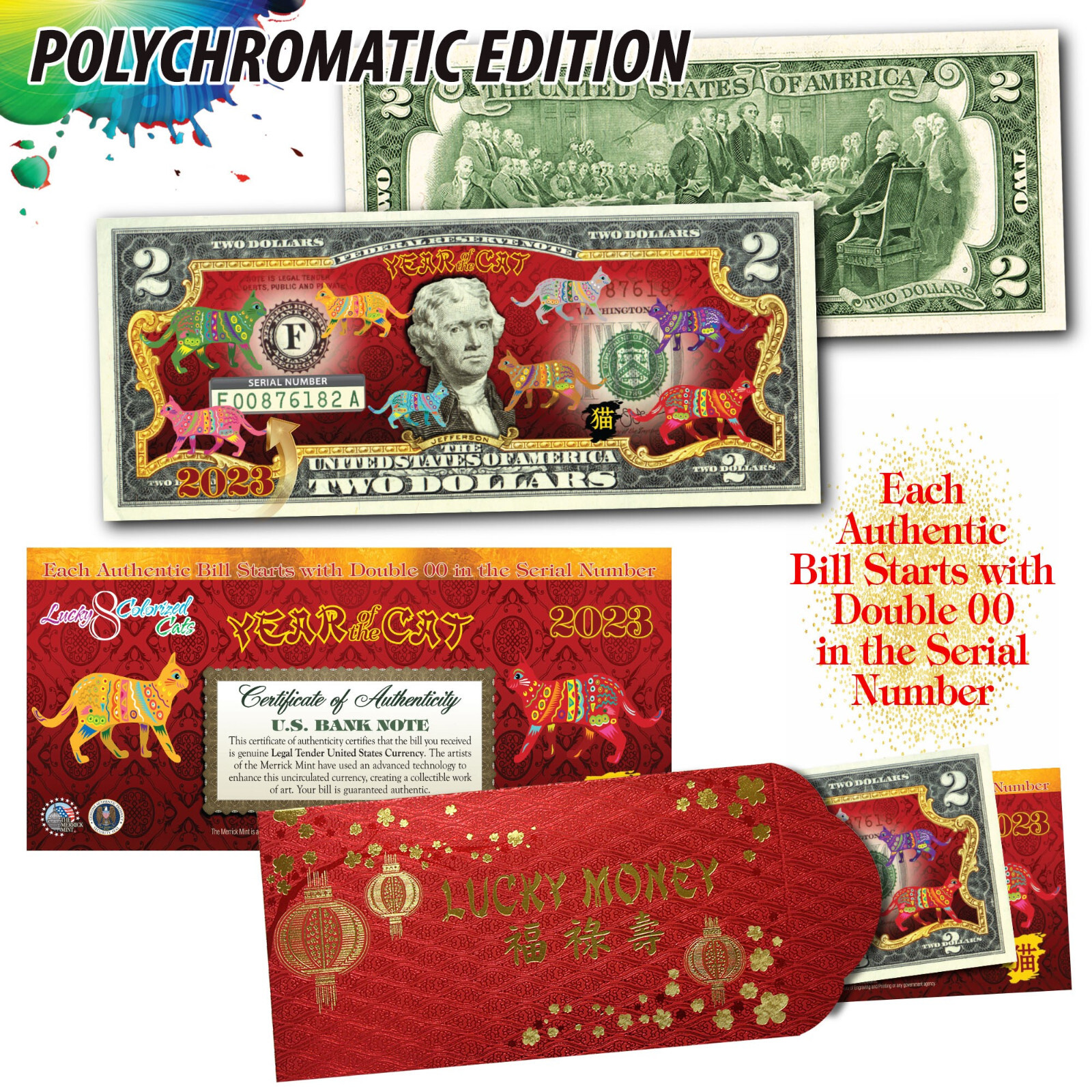 2023 Vietnamese Lunar New YEAR OF THE CAT Polychromatic 8 COLOR CATS $2 Bill RED