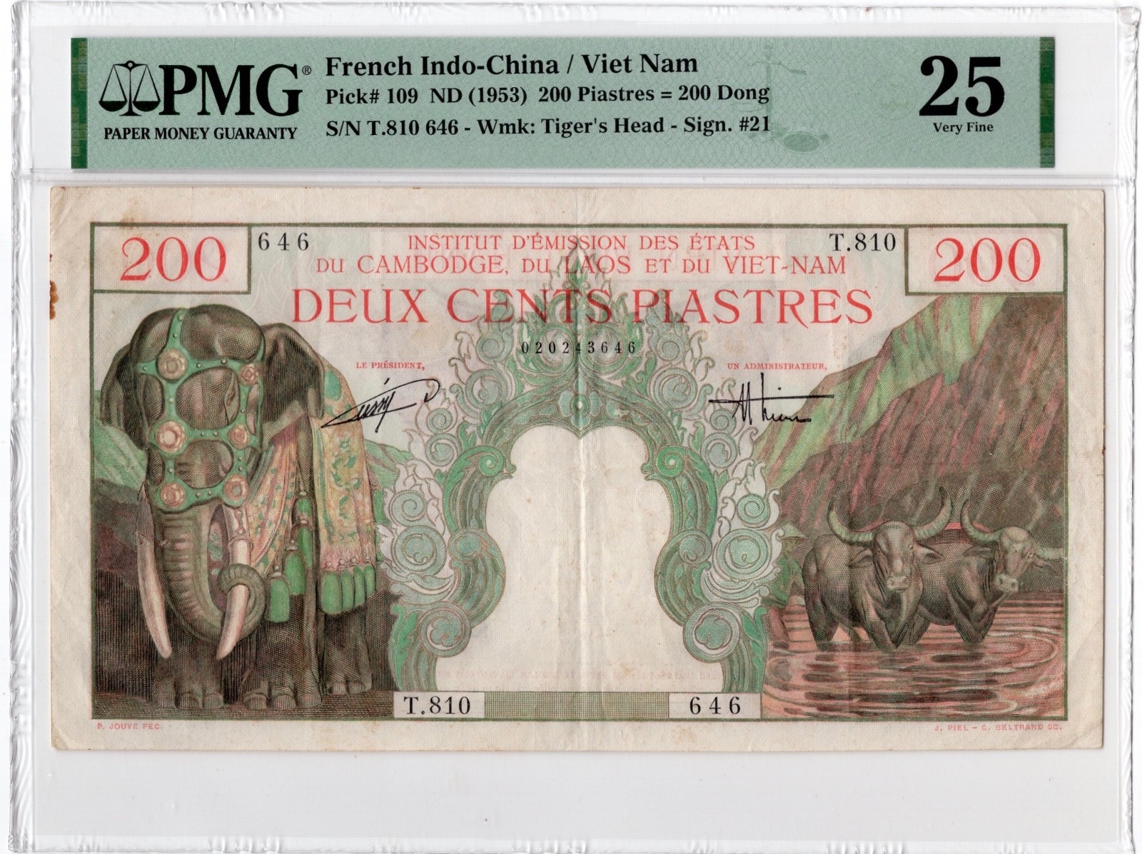 French Indochina 1953 Vietnam Banknote 200 Piastres, Elephant, Graded PMG 25 VF