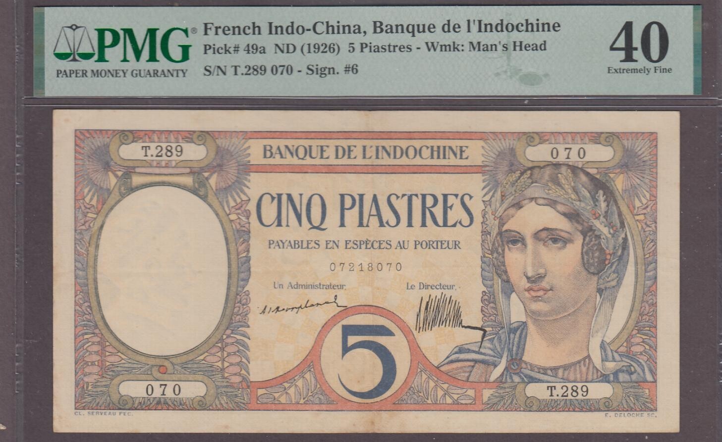 French Indochina 5 Piastres Banknote P-49a ND (1926) PMG 40