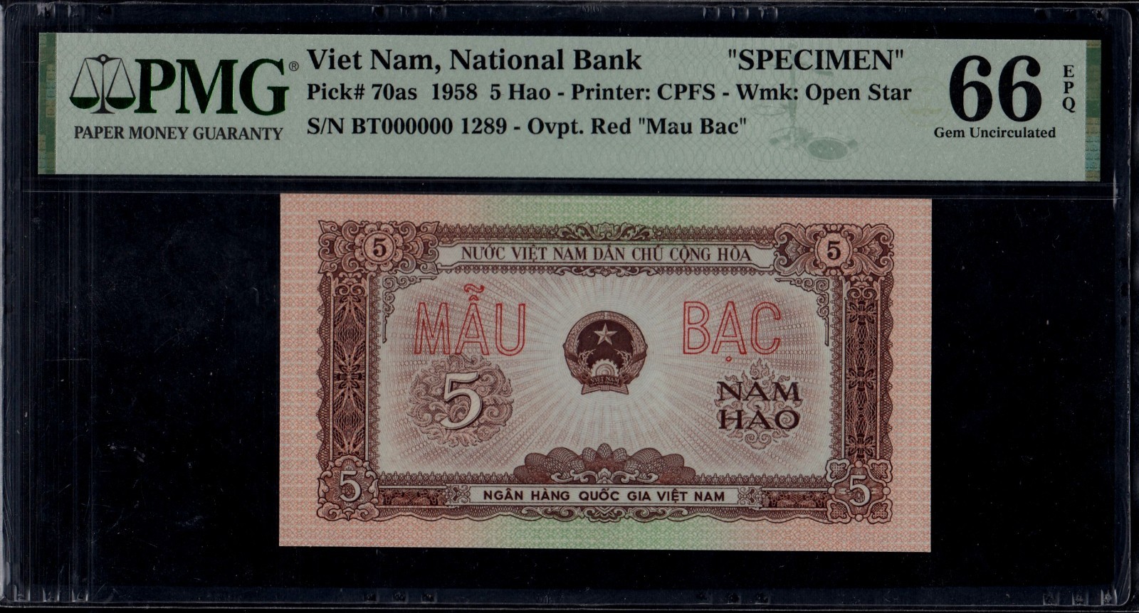 Vietnam 5 Hao 1958 Specimen P70as PMG 66