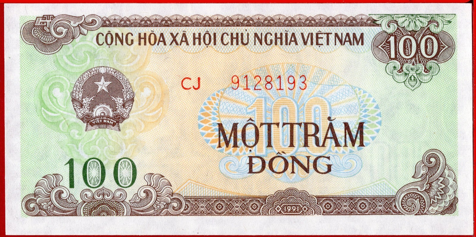 VIETNAM 100 DONG 1991 Large serial P 105b UNC free shipping from 100$