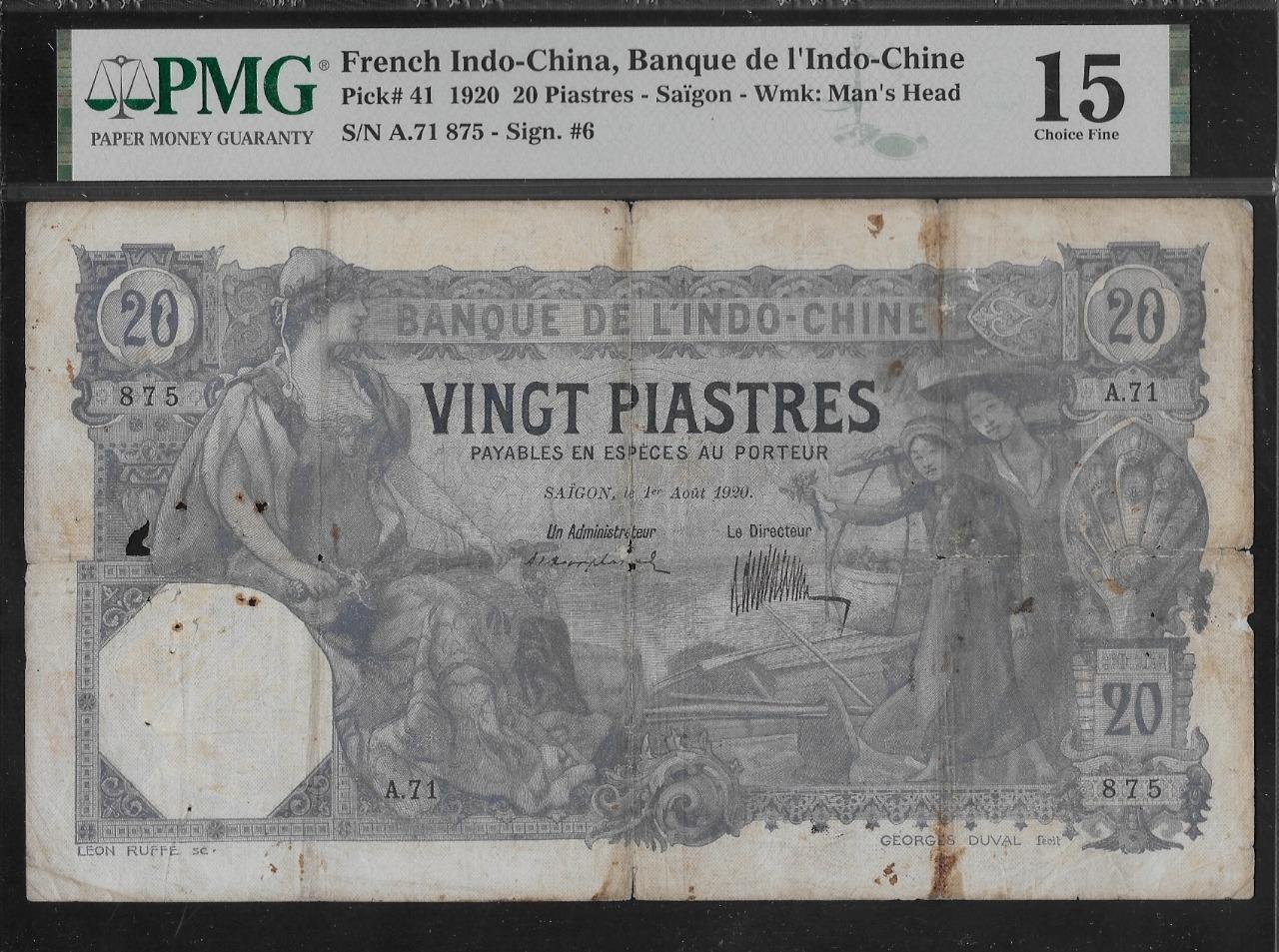 French Indochina P-41 20 Piastres Saigon 1920 PMG 15 Pinholes, Rust