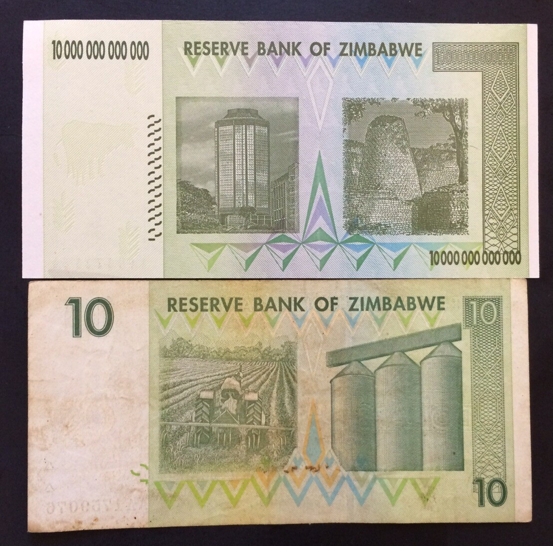 10 Trillion Zimbabwe UNC 2008 Banknote + 10 Dollar Zimbabwe CIR 2007 Banknote