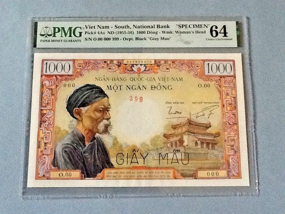 South Vietnam 1,000 Dong P-4As ‘Specimen’ with ‘GIAY MAU’ ND(1955-56) PMG 64