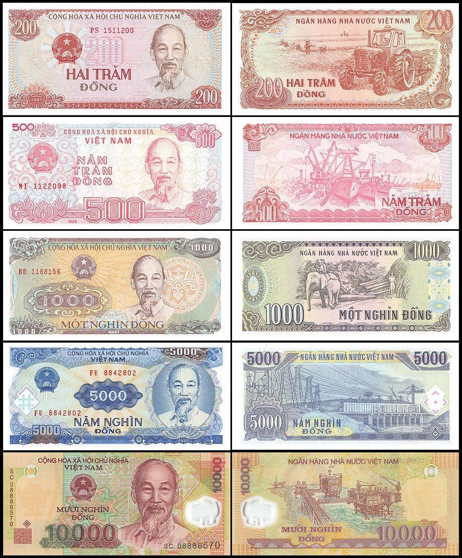 Vietnam 200-10000 Dong 5 Pieces Set, 1987-2008, P-100-119, UNC X 100 PCS Bundle