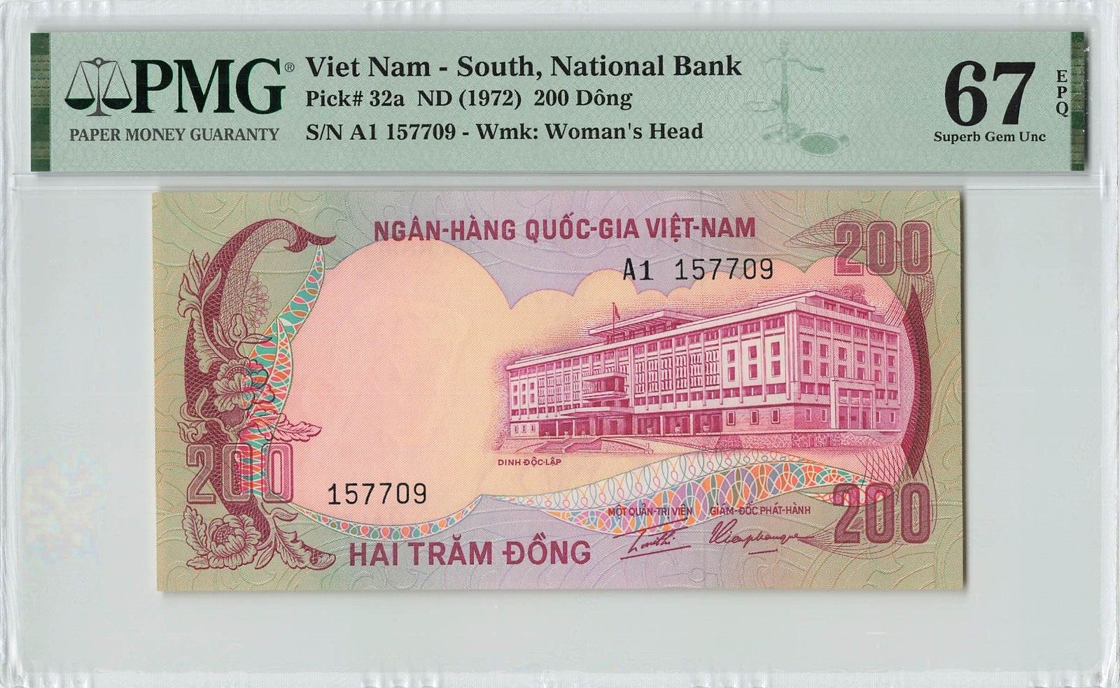 SOUTH VIETNAM 200 Dong 1972, P-32a First Prefix A1, PMG 67 EPQ Superb Gem UNC