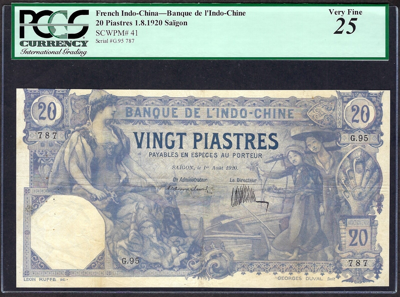 French Indochina Banque de l’Indo-Chine, Saigon 20 Piastres 1.8.1920 PCGS VF25