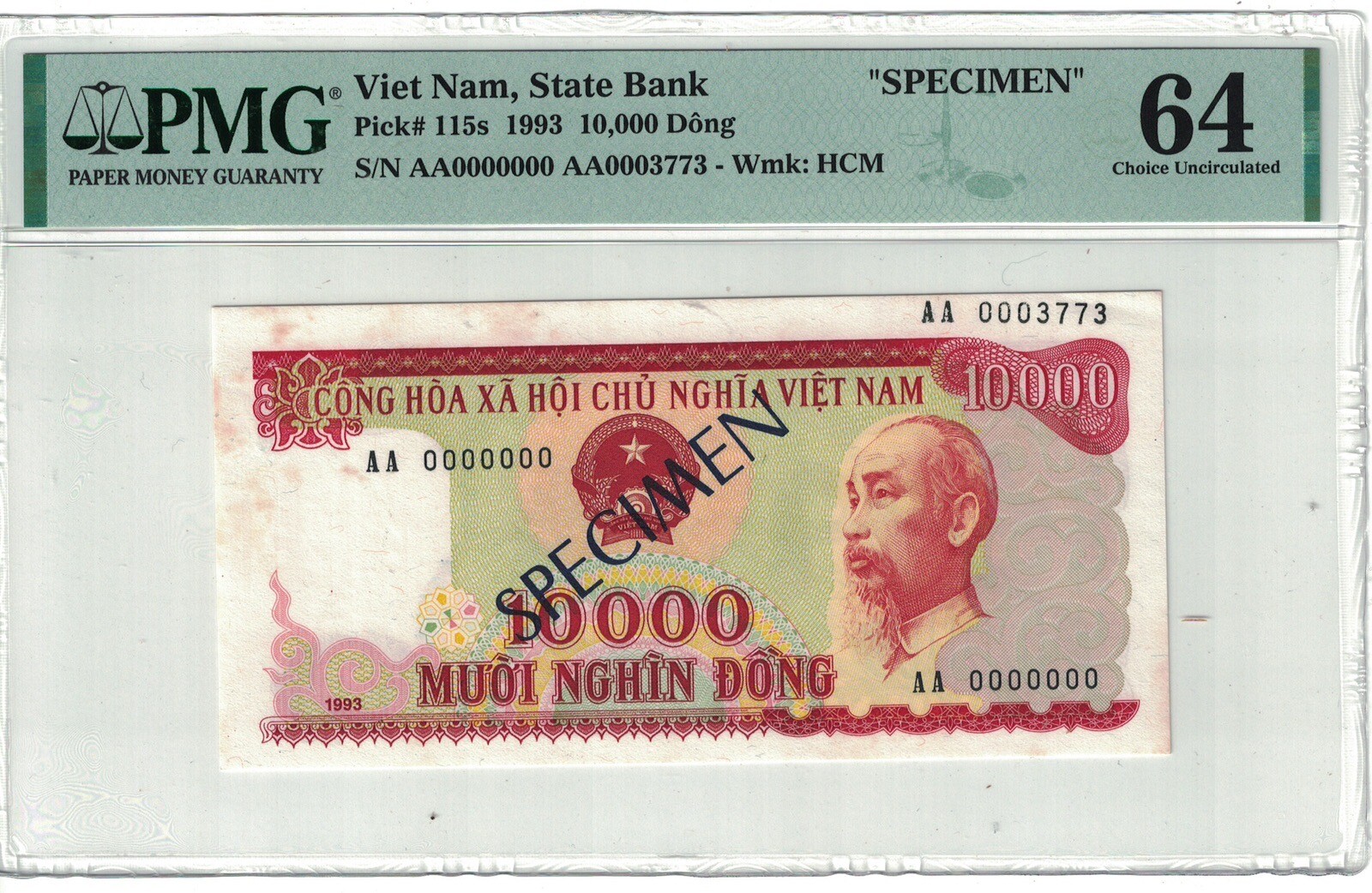VIETNAM – SPECIMEN 10,000 DONG 1993 PICK# 115s PMG: 64 Choice UNC. #PL2367