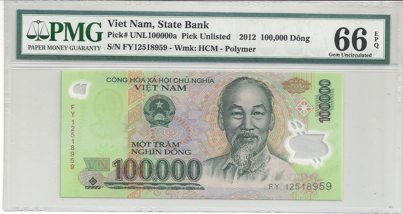 VIETNAM 100.000 DONG 2012 POLYMER PMG-66 EPQ GEM UNC. ( #666 )
