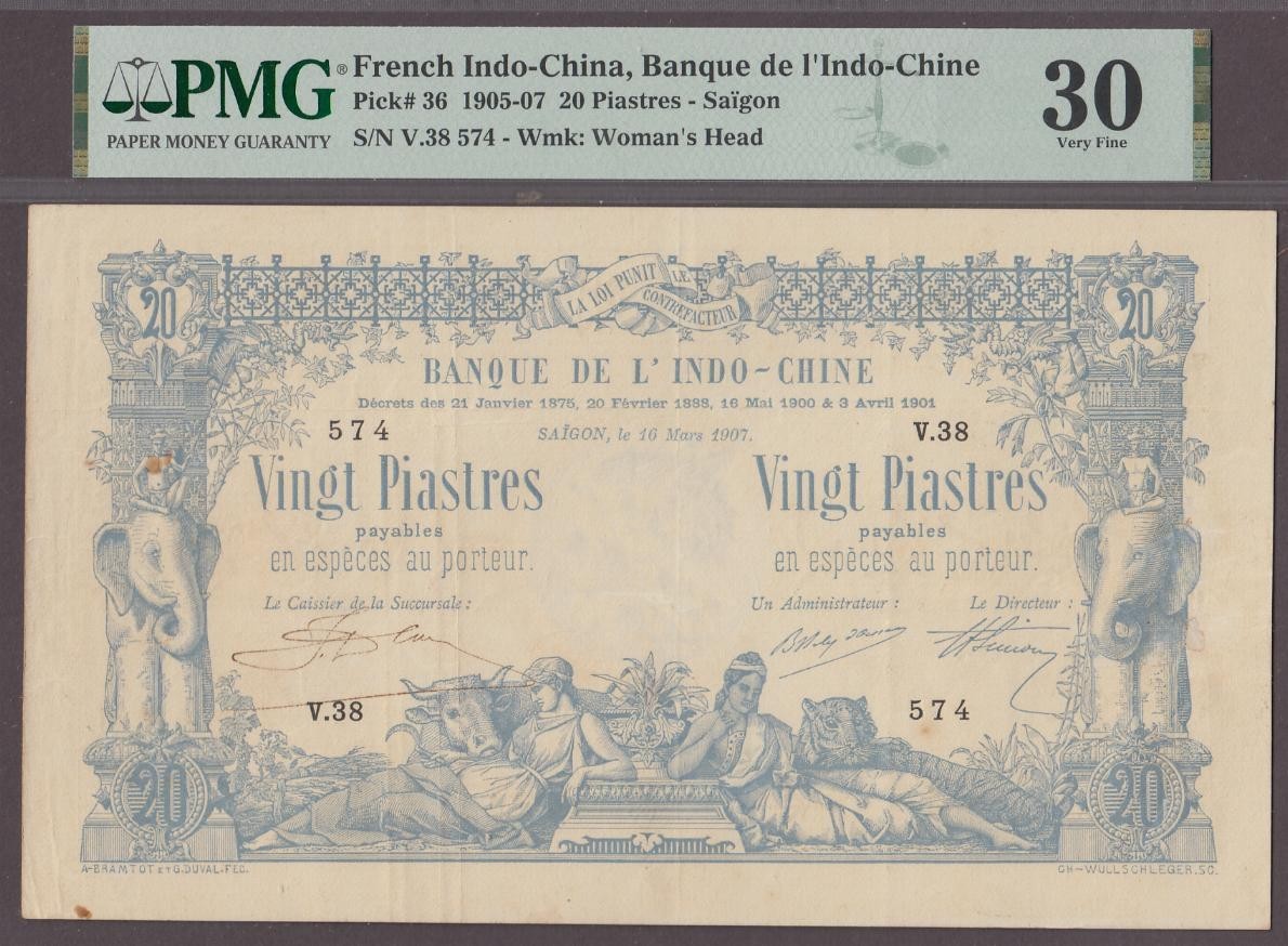 French Indochina 20 Piastres Banknote P-36 1905-07 Saigon PMG 30