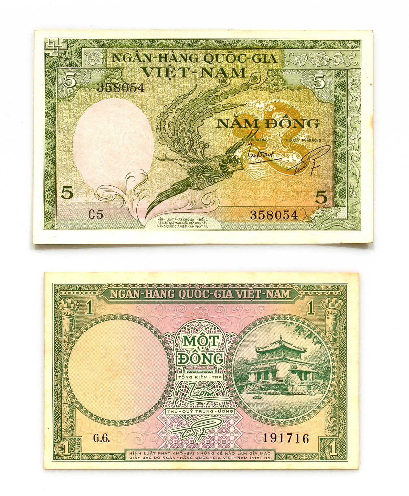 2 diff. South Vietnam 1 and 5 Dong 1955-56 xf/Au