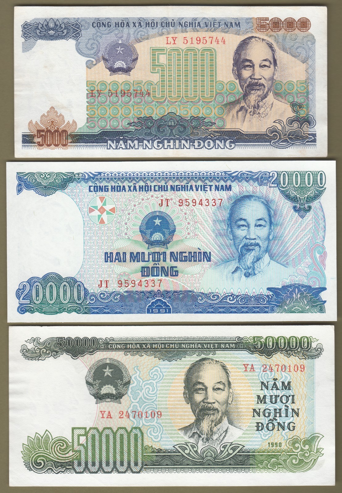 Vietnam 1987-88 Regular Issue Lot of 7 Different Bank Notes, P#88-92, 94, 95.