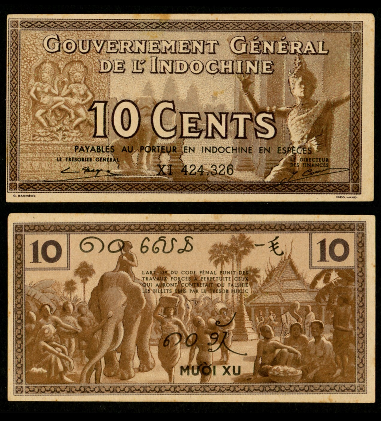 French Indochina / Vietnam 1939 Banknote 2 Different P85, 10 CENTS (2024_IDN33))