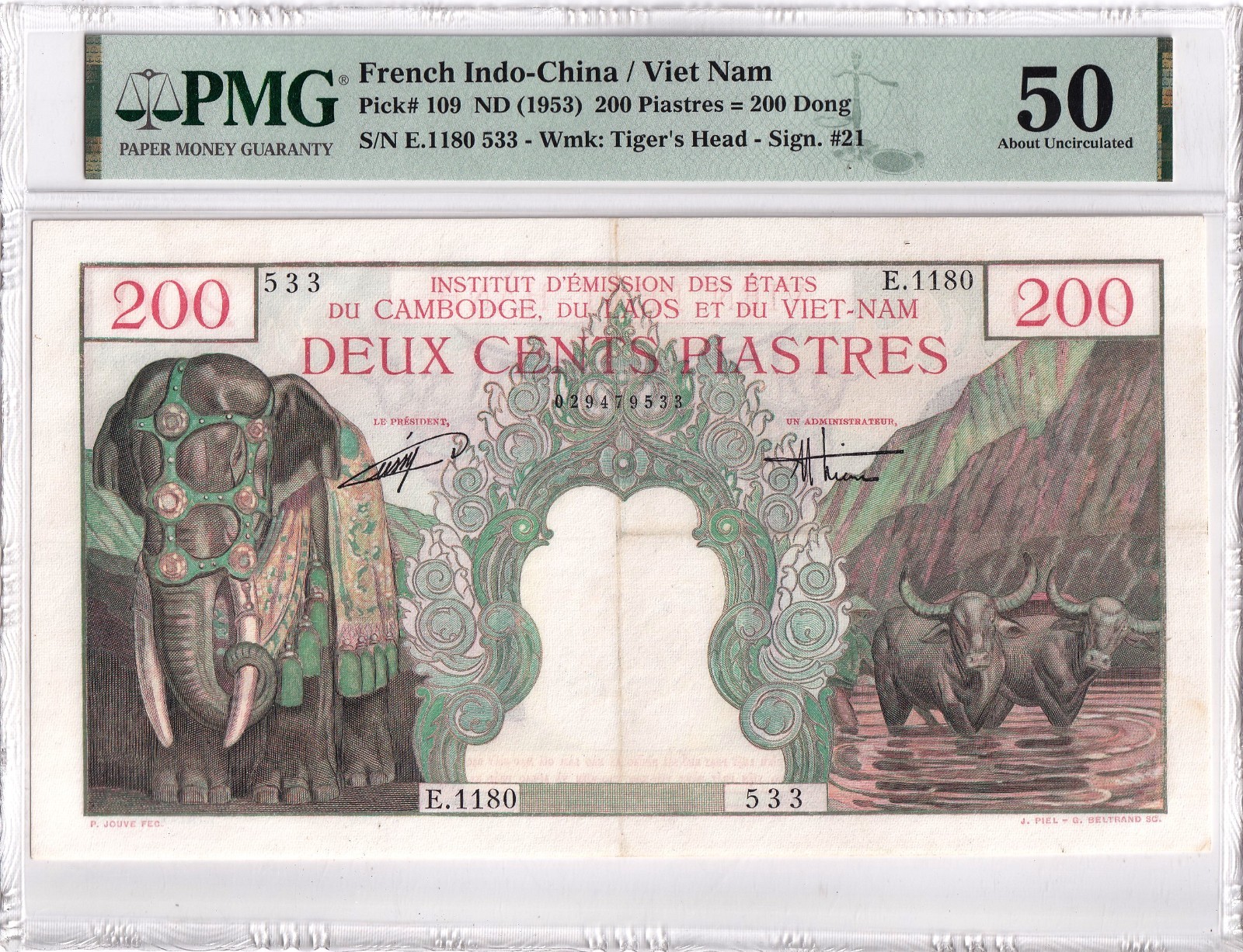 French Indochina (1953) 200 Piastres=200 Dong Pick 109 PMG 50