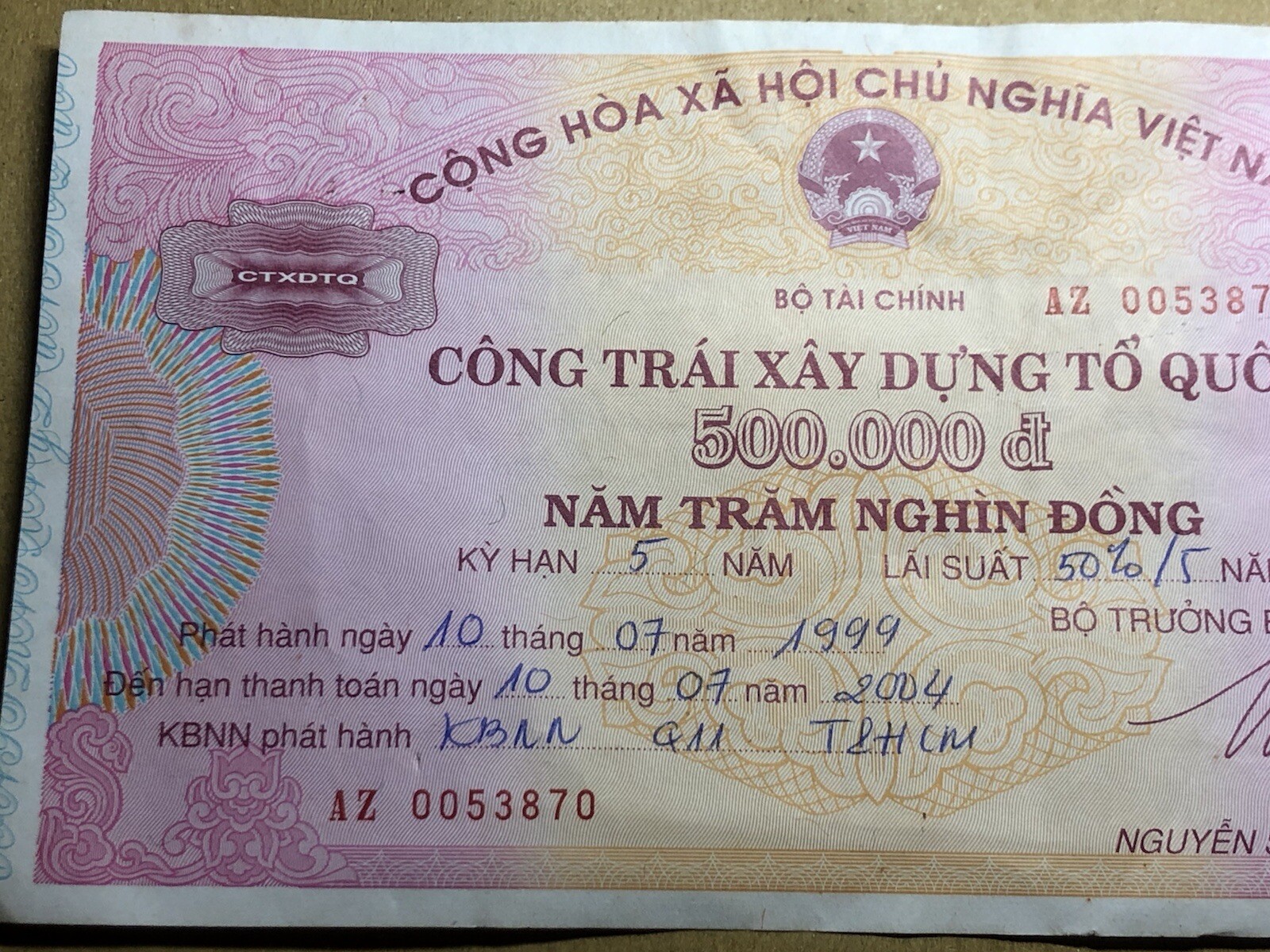 500,000 Dong Payment Bond Cheque Unpaid 1999 Original Vintage Rare_LDP Shop.