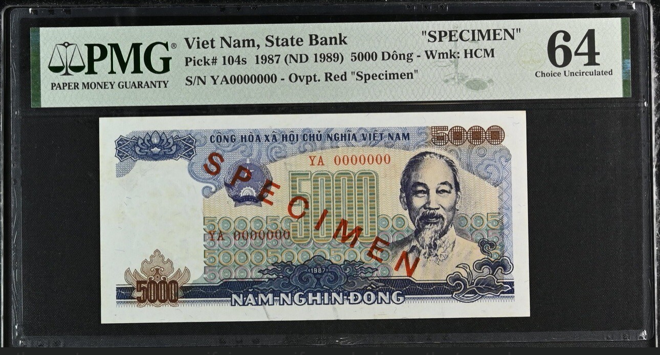 VIETNAM – SPECIMEN 5000 DONG 1987 PICK# 104s PMG: 64 UNC. #PL2408
