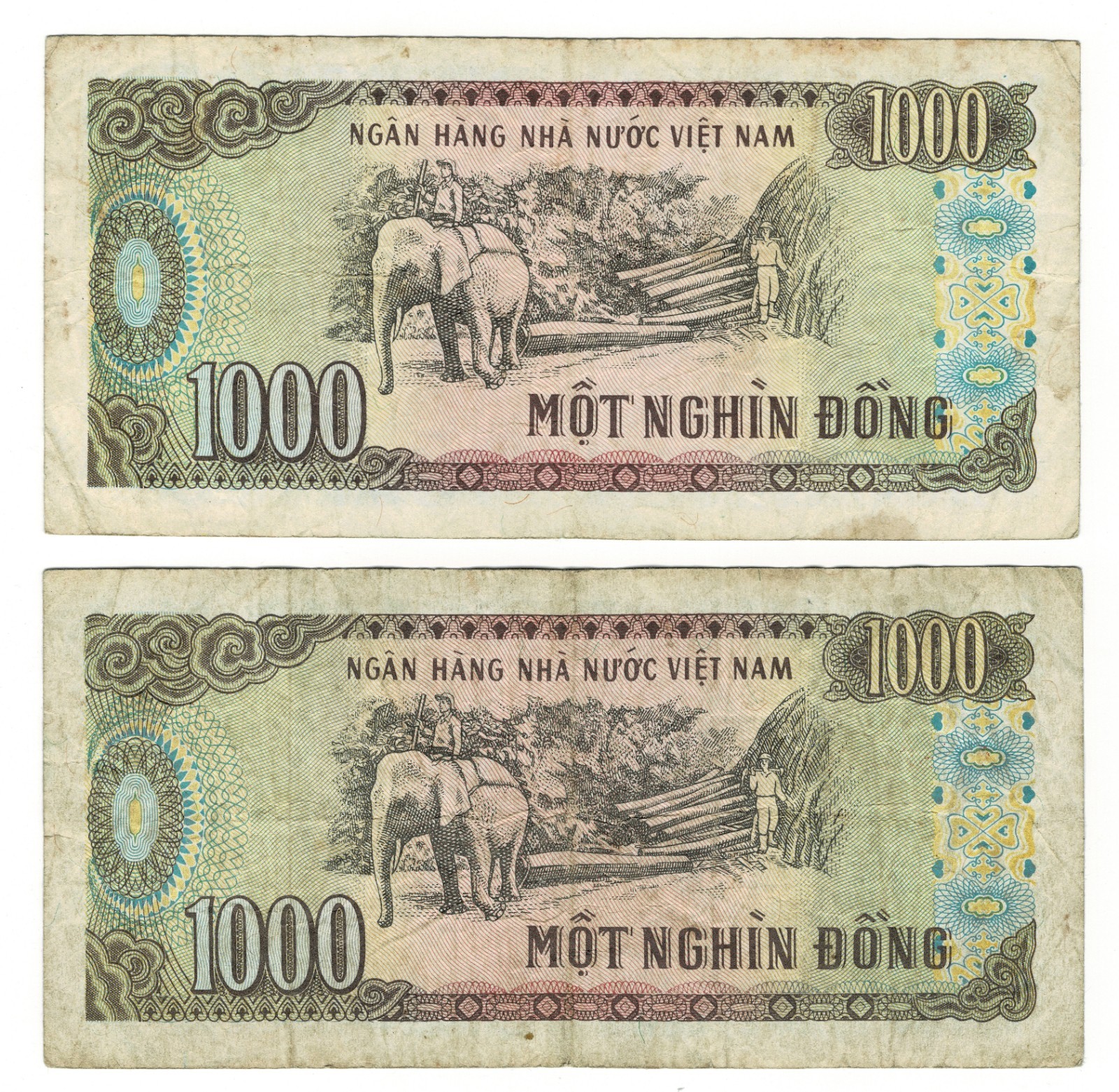 Set of 2: Vietnam 1000 Dong 1988 P-106 Elephant Workers Colorful Banknotes