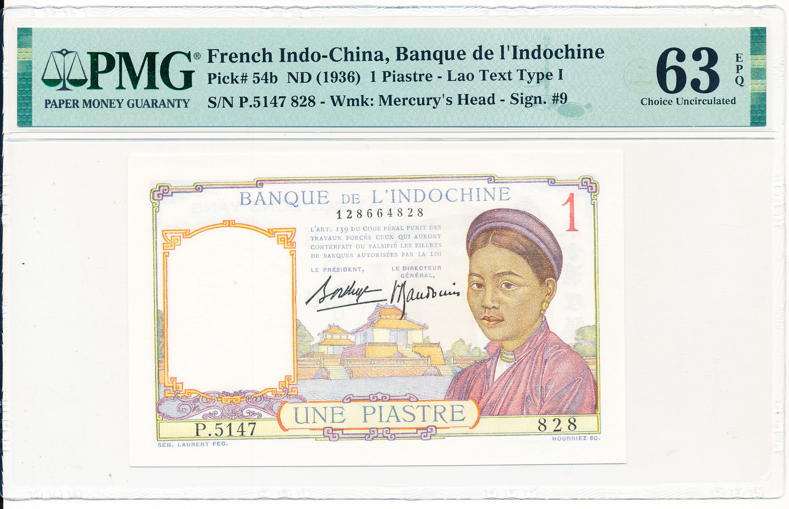 Banque de l’Indochine French Indo-China 1 Piastre ND(1936) PMG 63EPQ